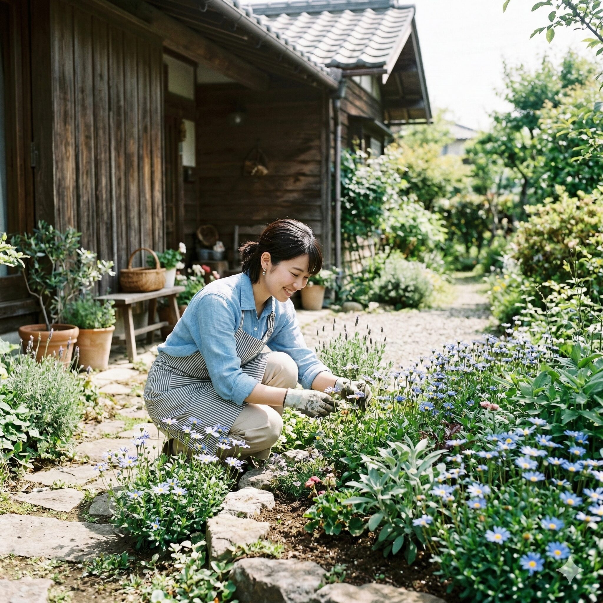 ブルー デージー 地 植え5　午前中の日光が当たる東側の軒下にあるブルーデージーの植栽環境