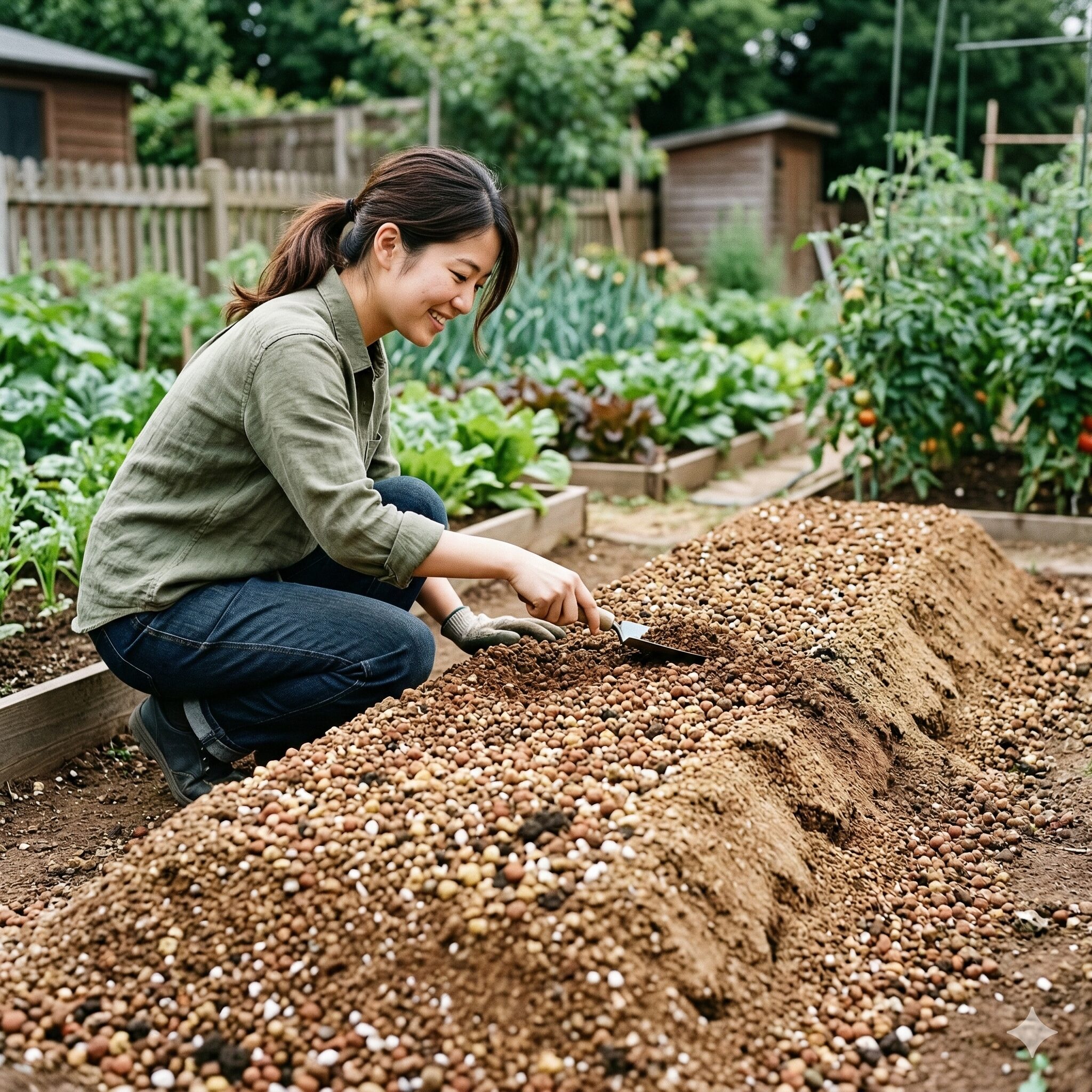 ブルー デージー 地 植え6　排水性を高めるためにパーライトを混ぜて高畝に整えられた庭の土
