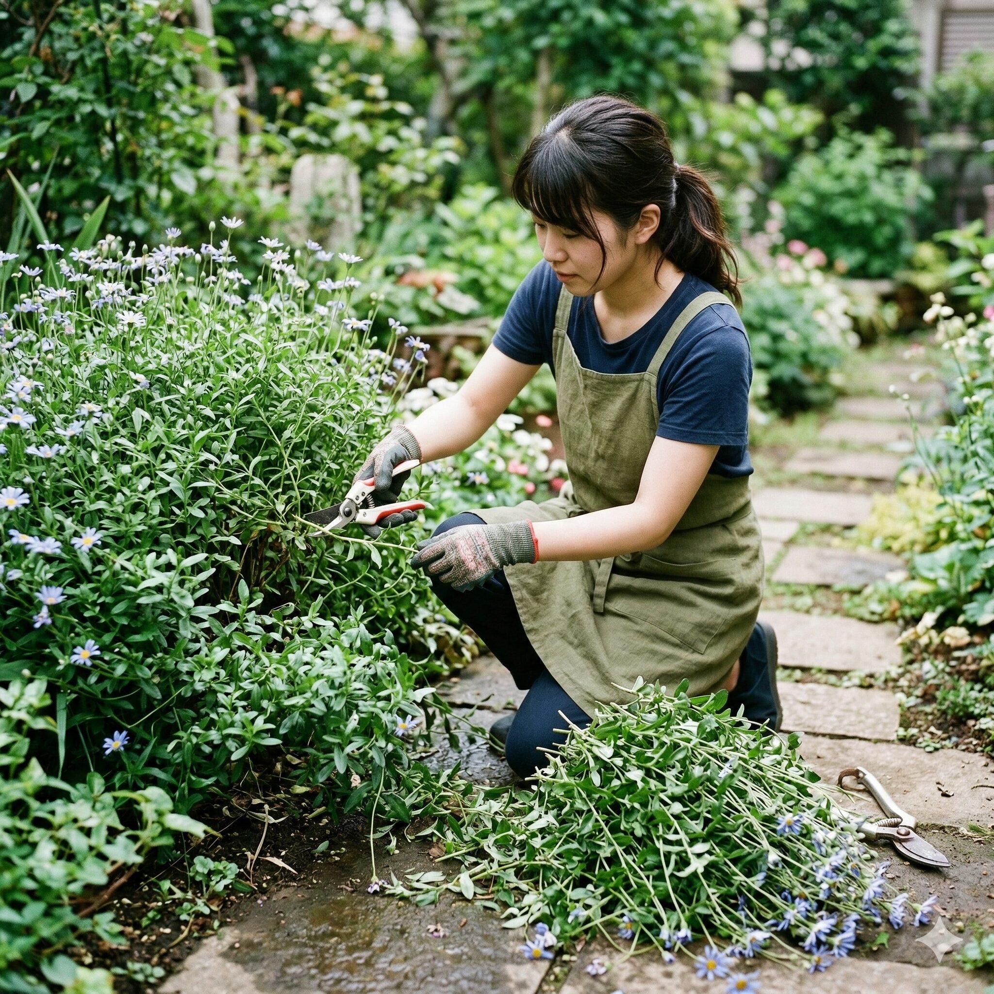 ブルー デージー 地 植え7　夏越しを成功させるためにブルーデージーを半分に切り戻す強剪定の作業