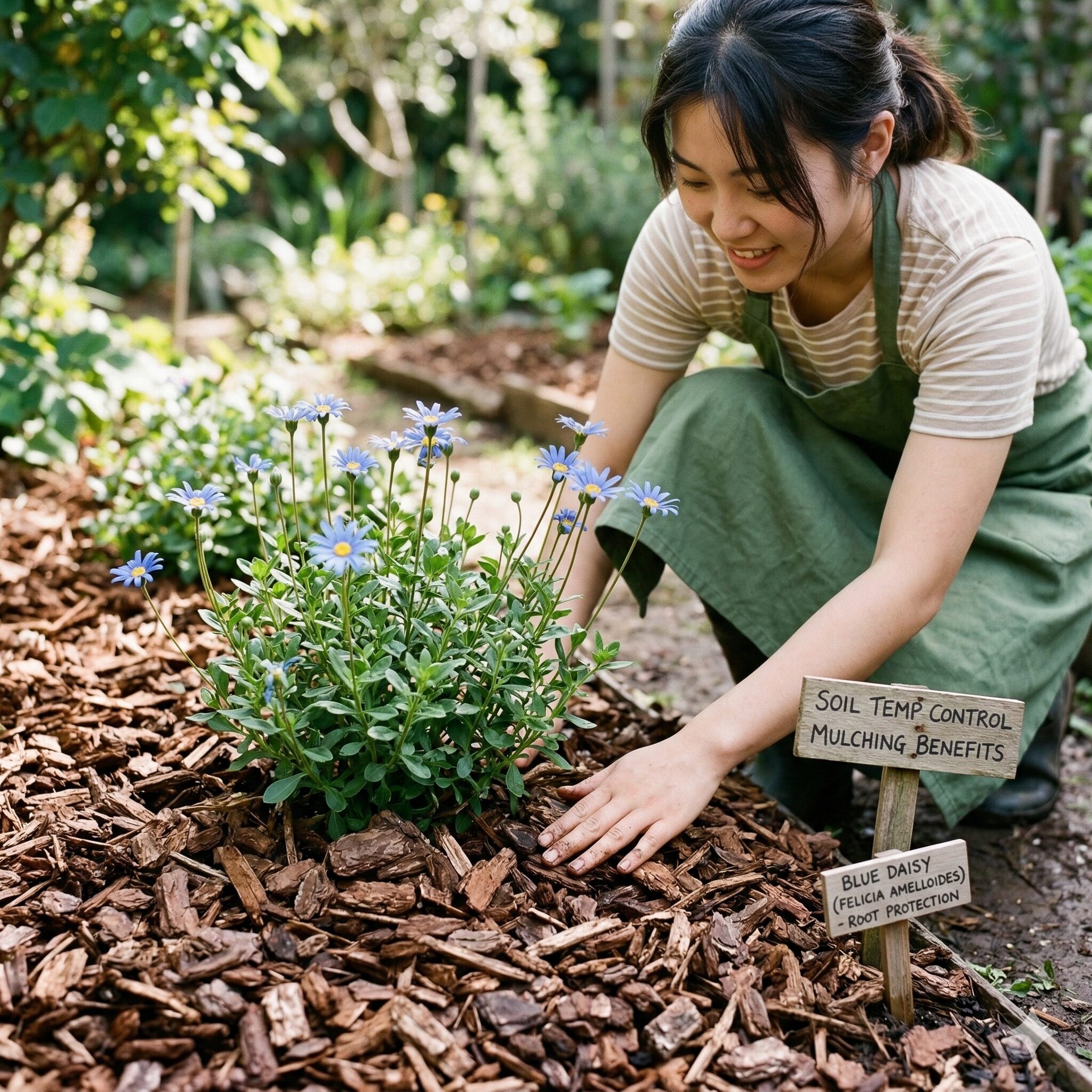 ブルー デージー 地 植え8　夏の地温上昇を防ぐためにブルーデージーの株元に施されたウッドチップのマルチング