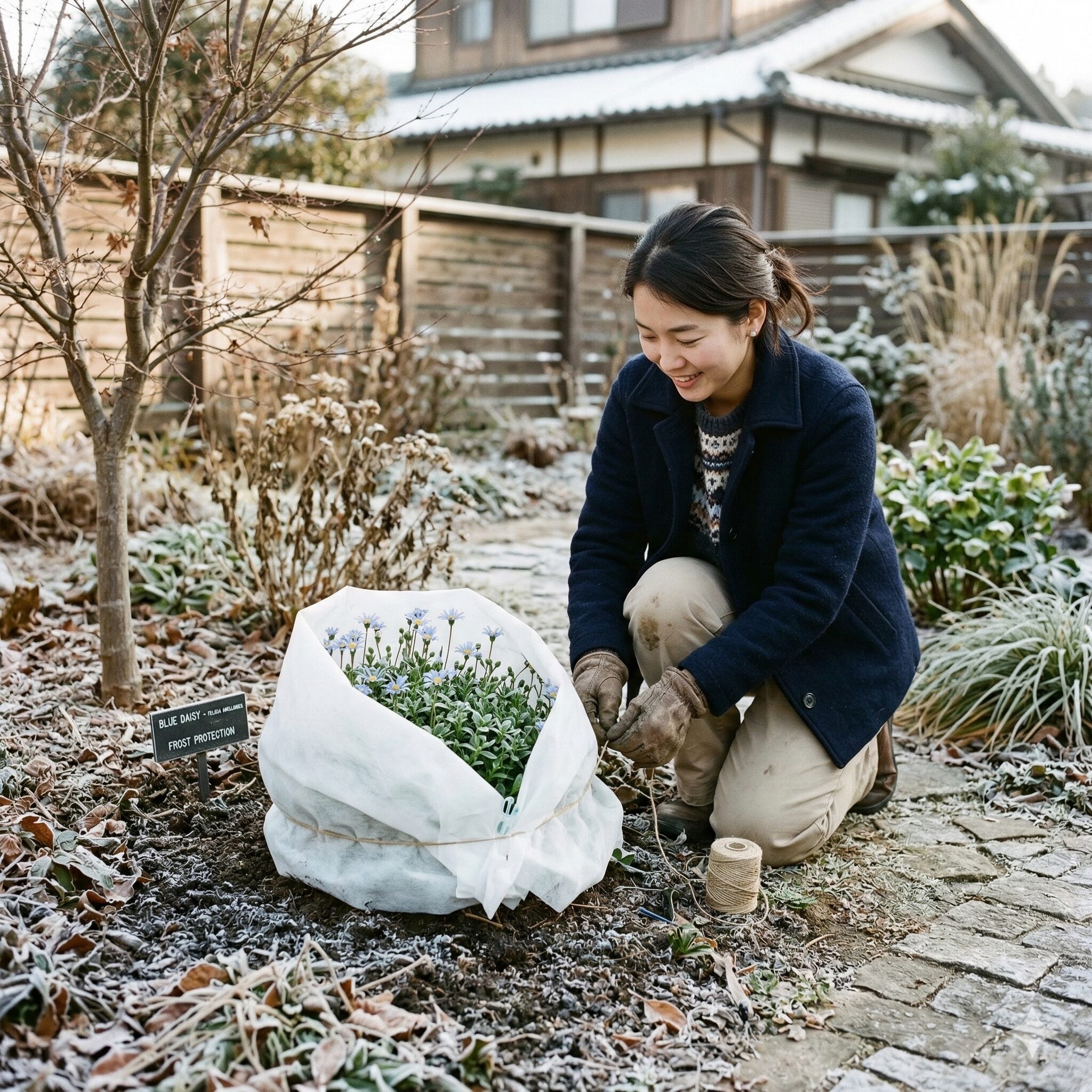 ブルー デージー 地 植え9　冬の霜や寒風から守るために不織布を被せられた地植えのブルーデージー