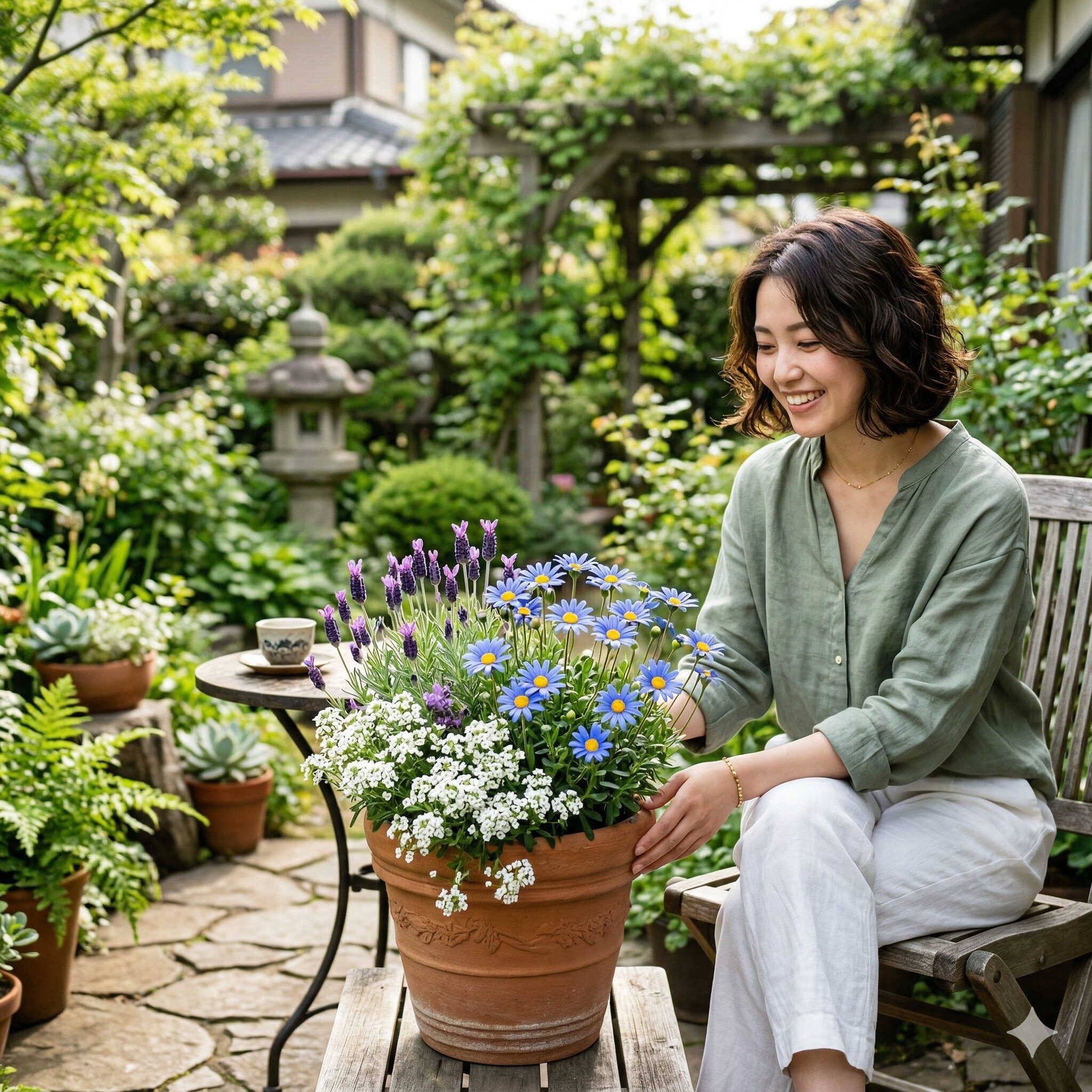 ブルー デージー 寄せ植え 相性1　ブルーデージーとラベンダー、アリッサムをテラコッタ鉢に寄せ植えした春の庭の風景