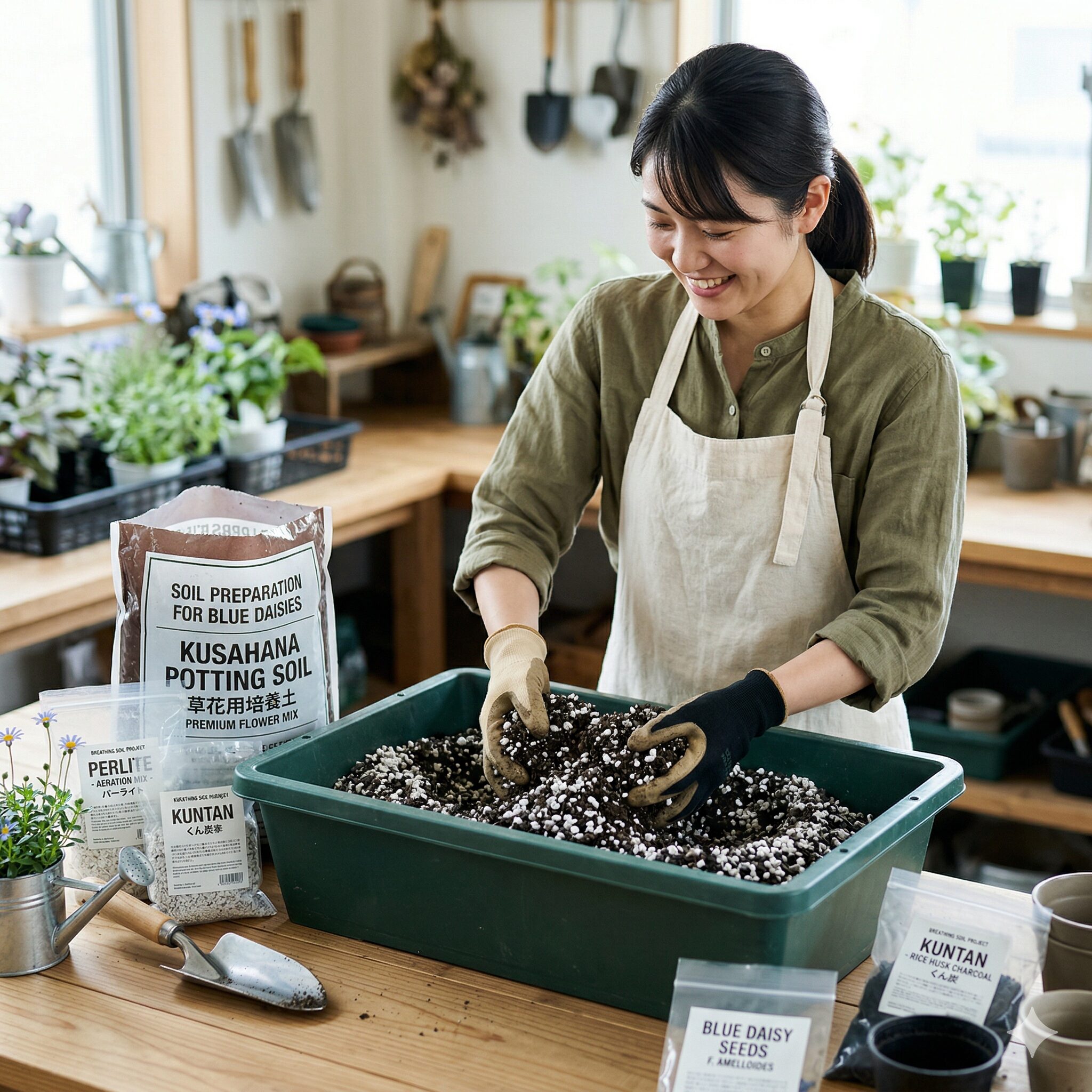 ブルー デージー 寄せ植え 相性10　ブルーデージーの根腐れを防ぐため、培養土にパーライトとくん炭を混ぜて通気性を高める土作り