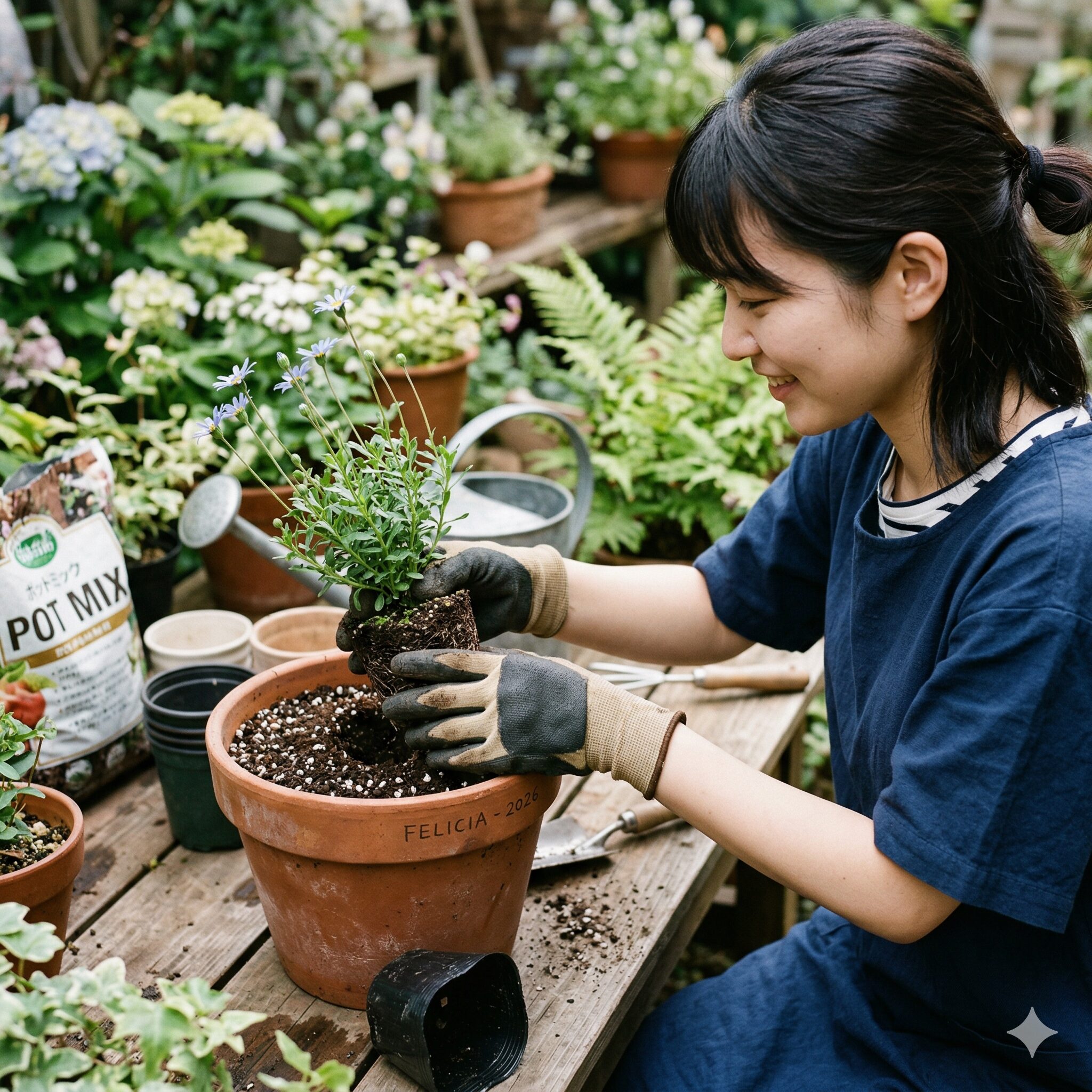ブルー デージー 寄せ植え 相性3　ブルーデージーの苗を根鉢を崩さずに新しい鉢へ優しく植え付ける様子