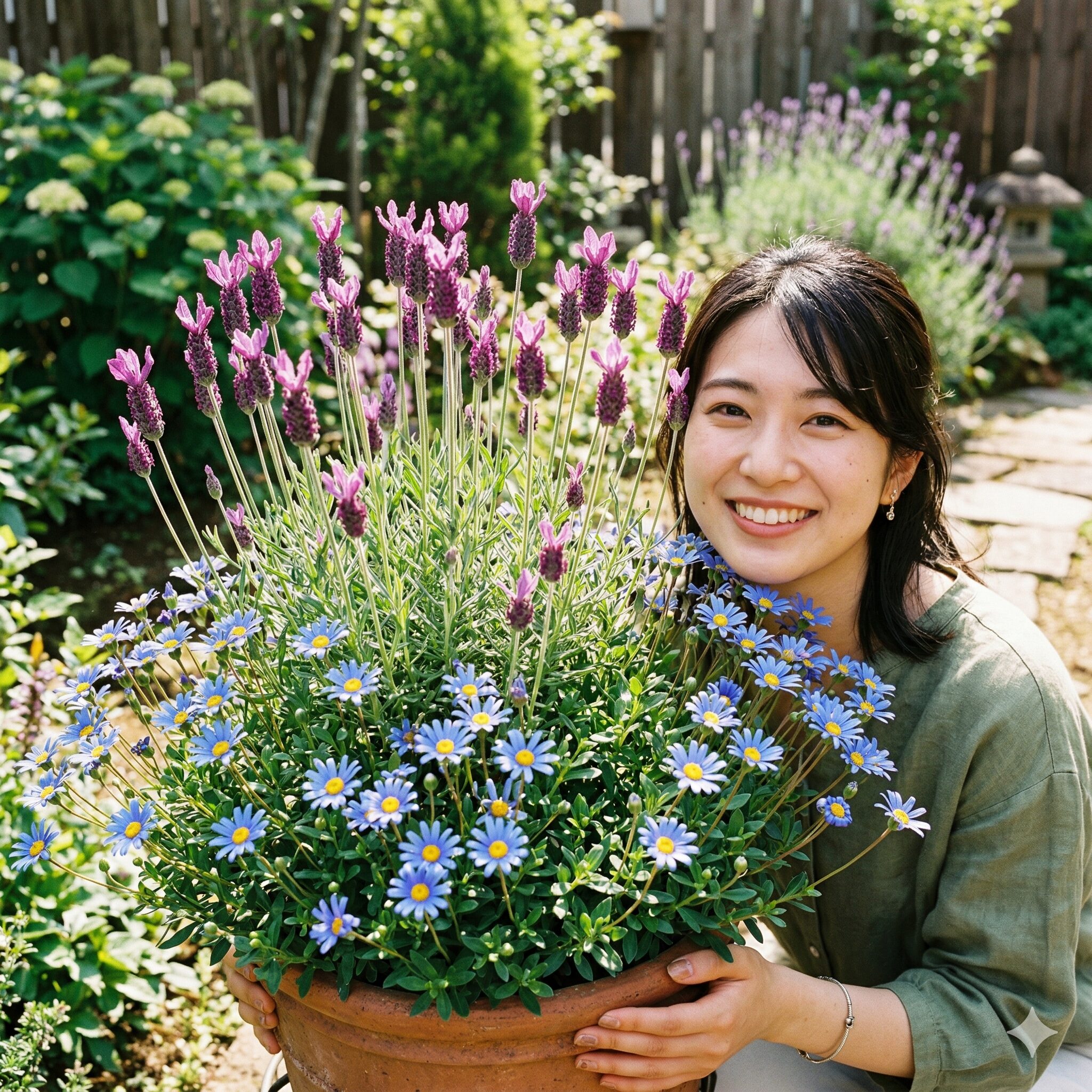 ブルー デージー 寄せ植え 相性4　相性抜群なブルーデージーとフレンチラベンダーの寄せ植え、縦と横のラインの調和