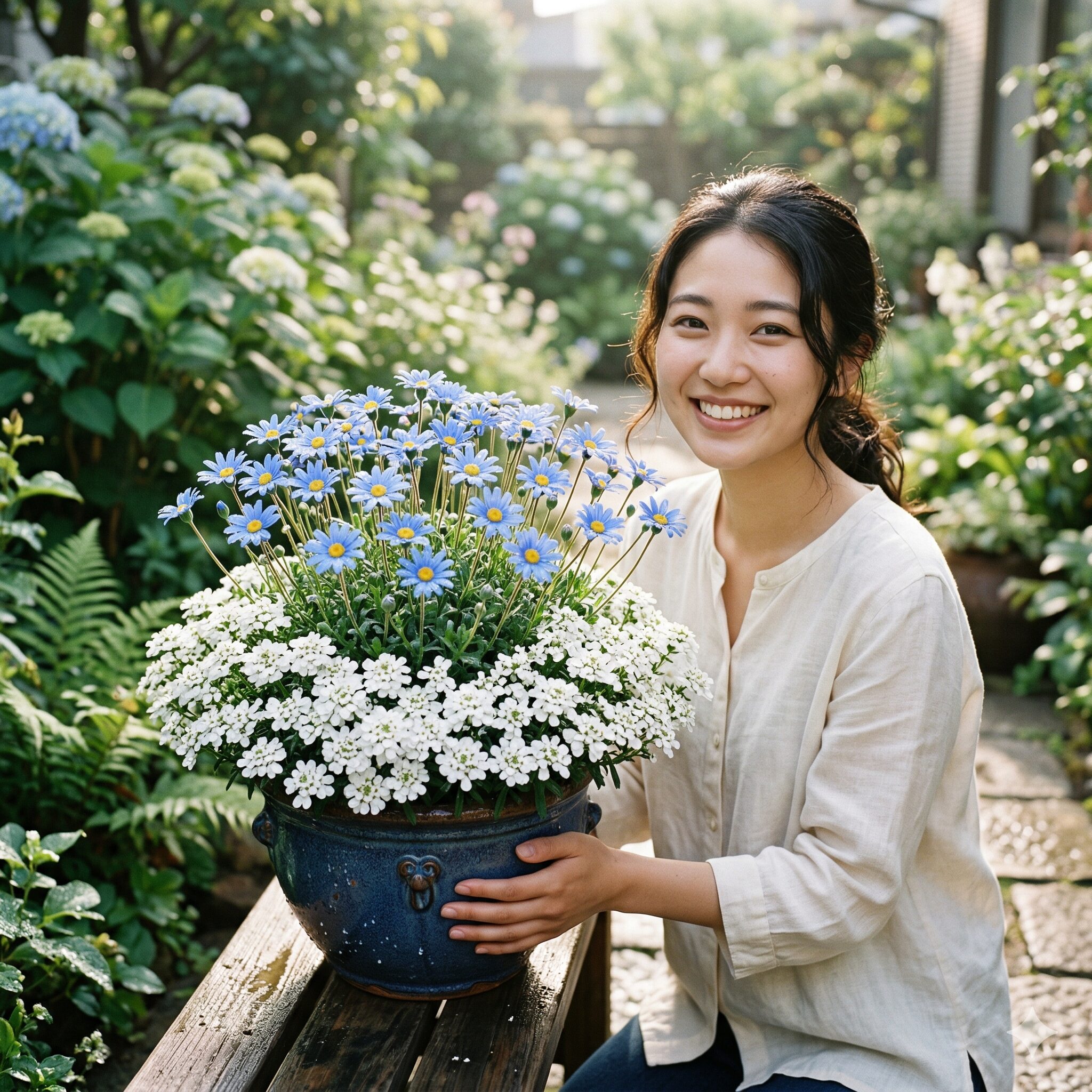 ブルー デージー 寄せ植え 相性5　白いイベリスがブルーデージーの青い花を引き立てる「ホワイト＆ブルー」の寄せ植え