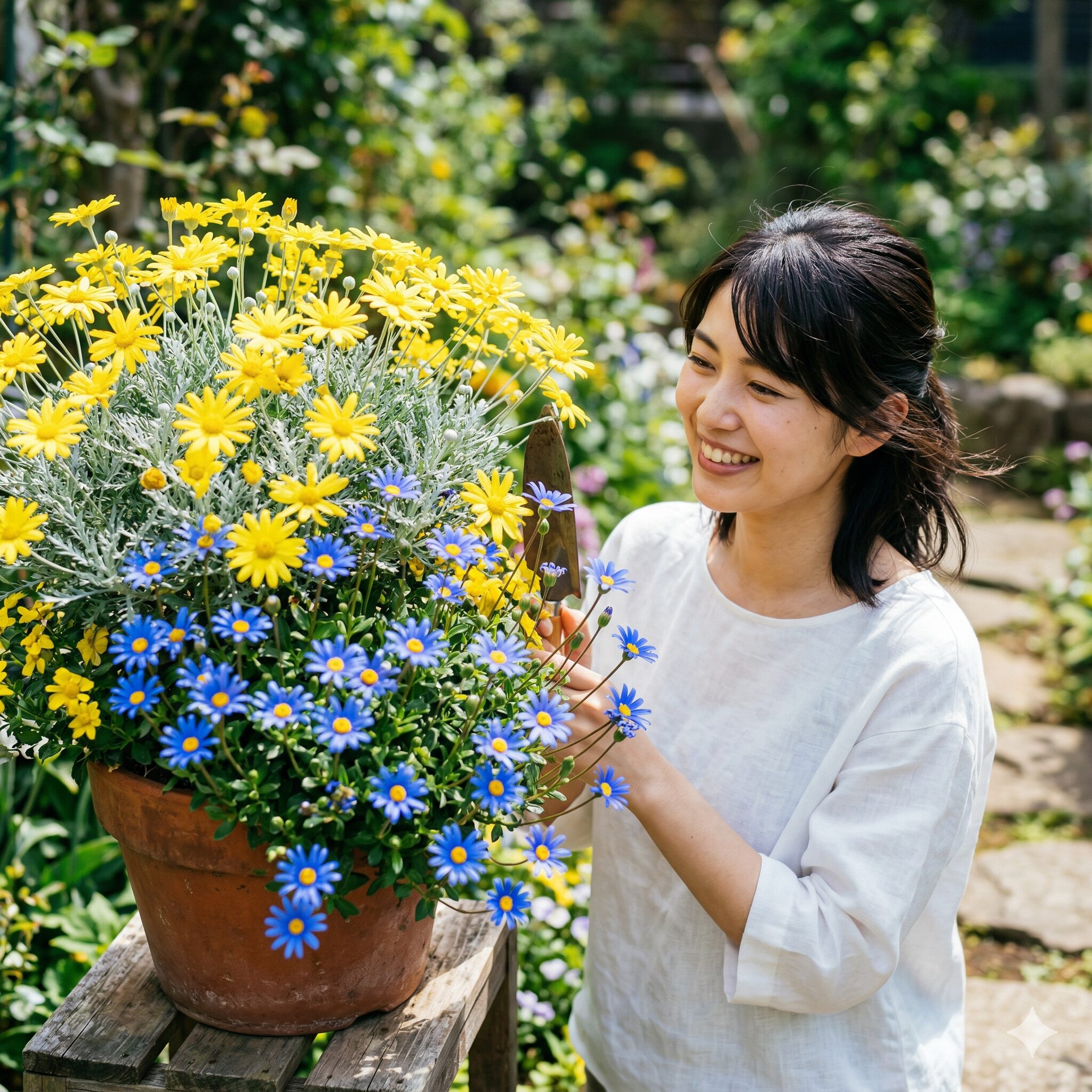 ブルー デージー 寄せ植え 相性6　ユリオプスデージーの黄色とブルーデージーの青が鮮やかに響き合う補色対比の寄せ植え