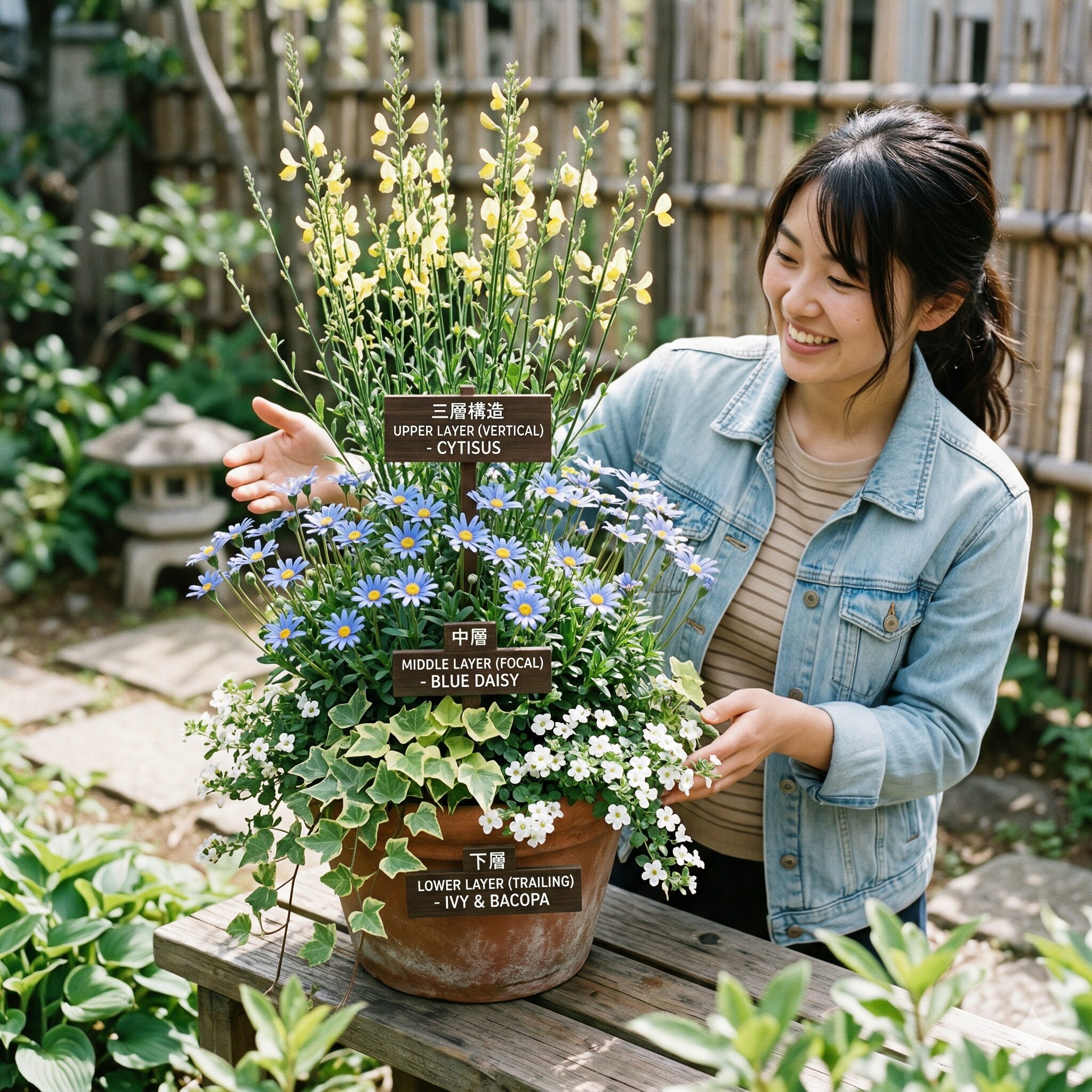 ブルー デージー 寄せ植え 相性7　三層構造（上層：エニシダ、中層：ブルーデージー、下層：アイビー）で構成された立体的な寄せ植え