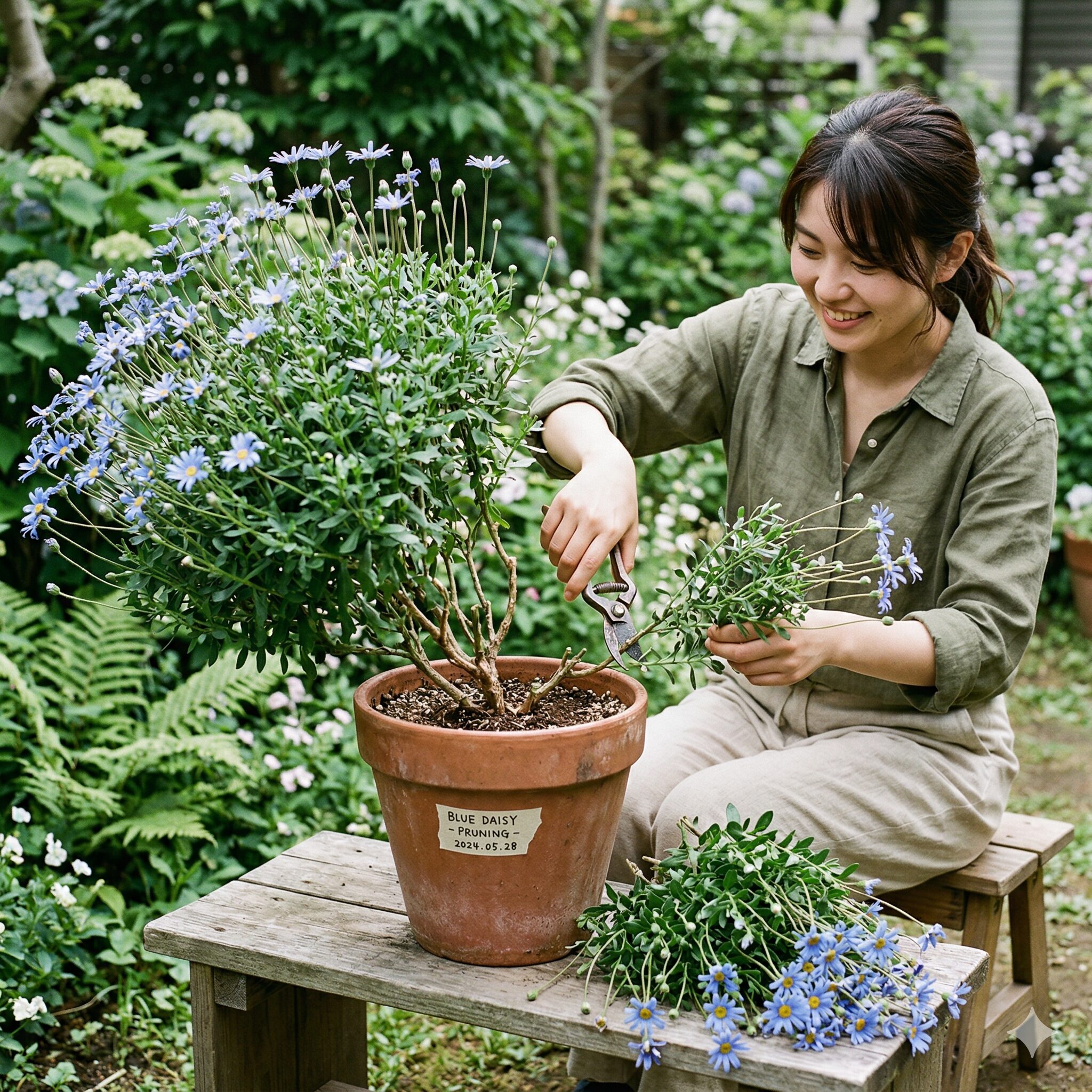 ブルー デージー 寄せ植え 相性8　夏越しのためにブルーデージーの株を半分程度に切り戻し、通気性を確保する作業
