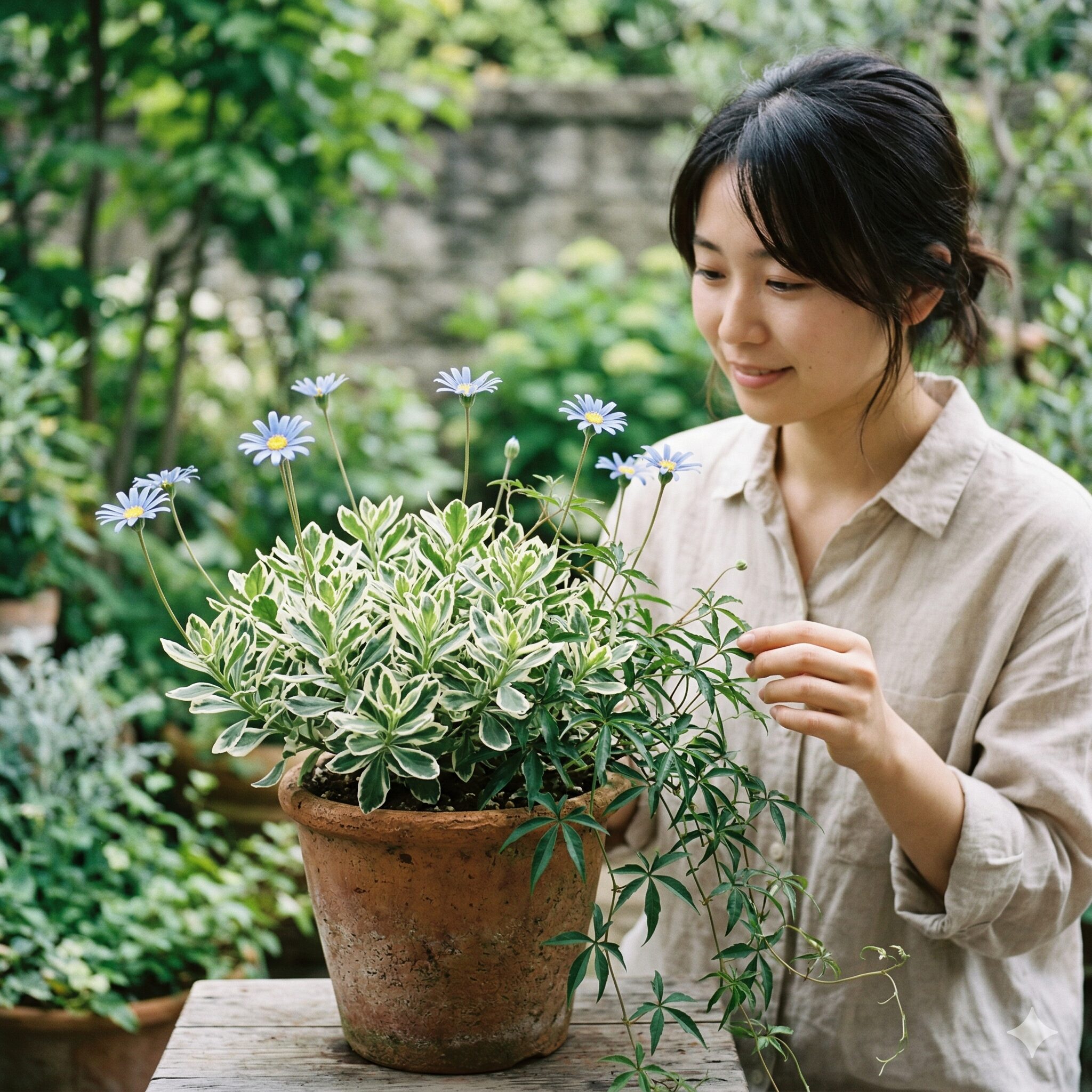 ブルー デージー 寄せ植え 相性9　半日陰で美しく育つ斑入りブルーデージー（バリエガータ）とシュガーバインの寄せ植え