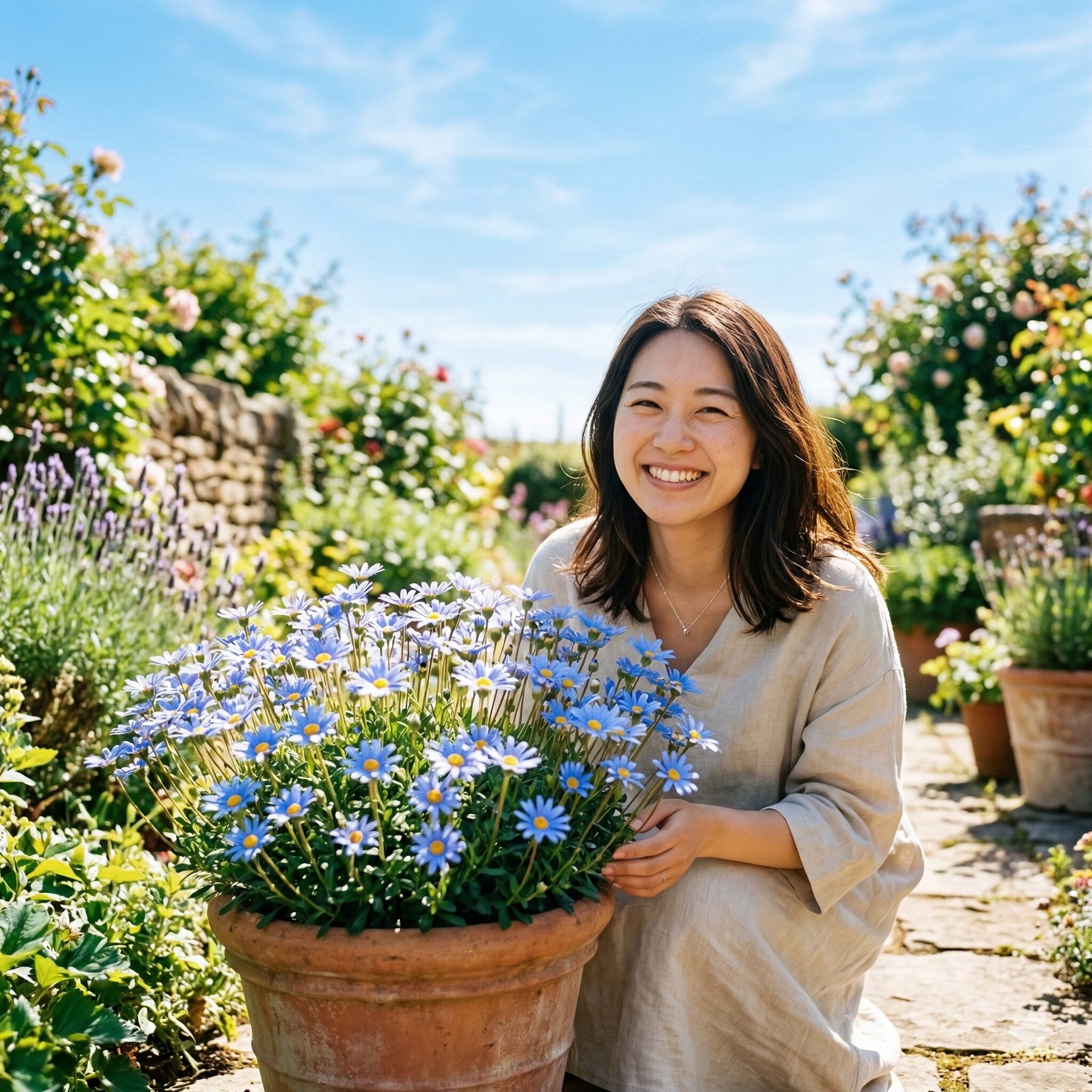ブルー デージー 花 言葉 怖い　青空の下で明るく咲き誇る幸福の象徴ブルーデージーの鉢植え