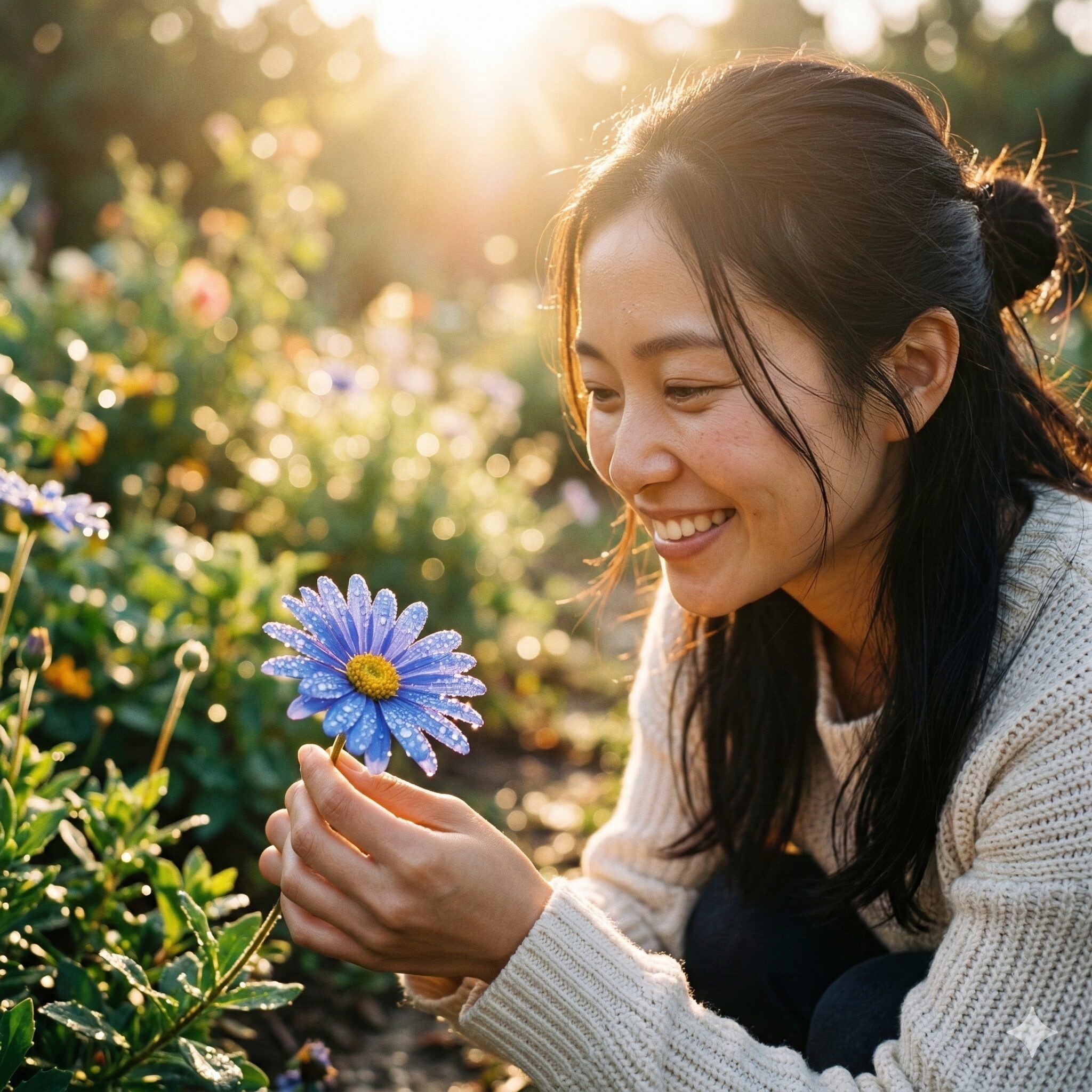 ブルー デージー 花 言葉 怖い2　朝露に濡れて輝くブルーデージーの生命力あふれるマクロ写真