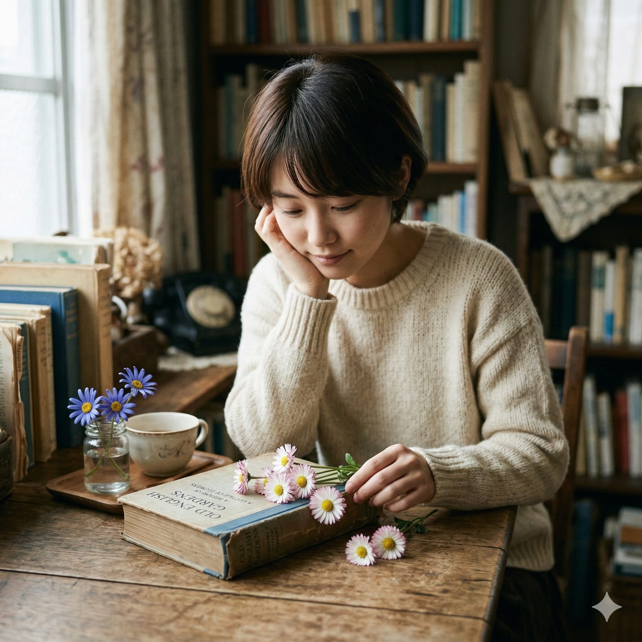 ブルー デージー 花 言葉 怖い5　シェイクスピアの文学作品を連想させるイングリッシュデージーと古書のイメージ