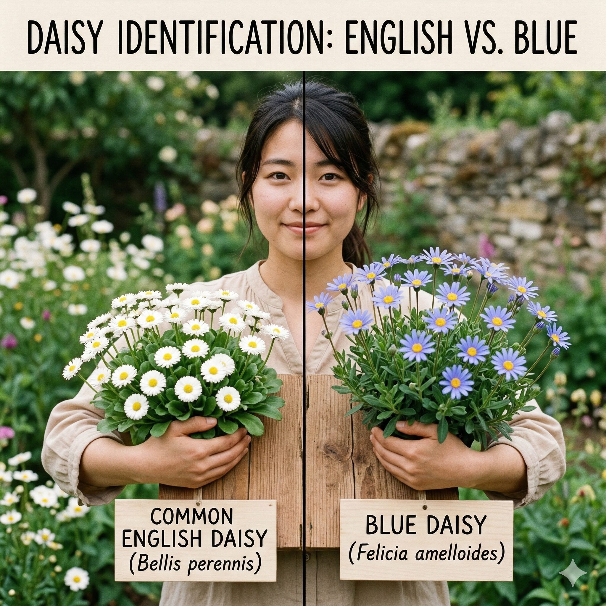 ブルー デージー 花 言葉 怖い6　ブルーデージーとヒナギク（イングリッシュデージー）の外見の違いを比較