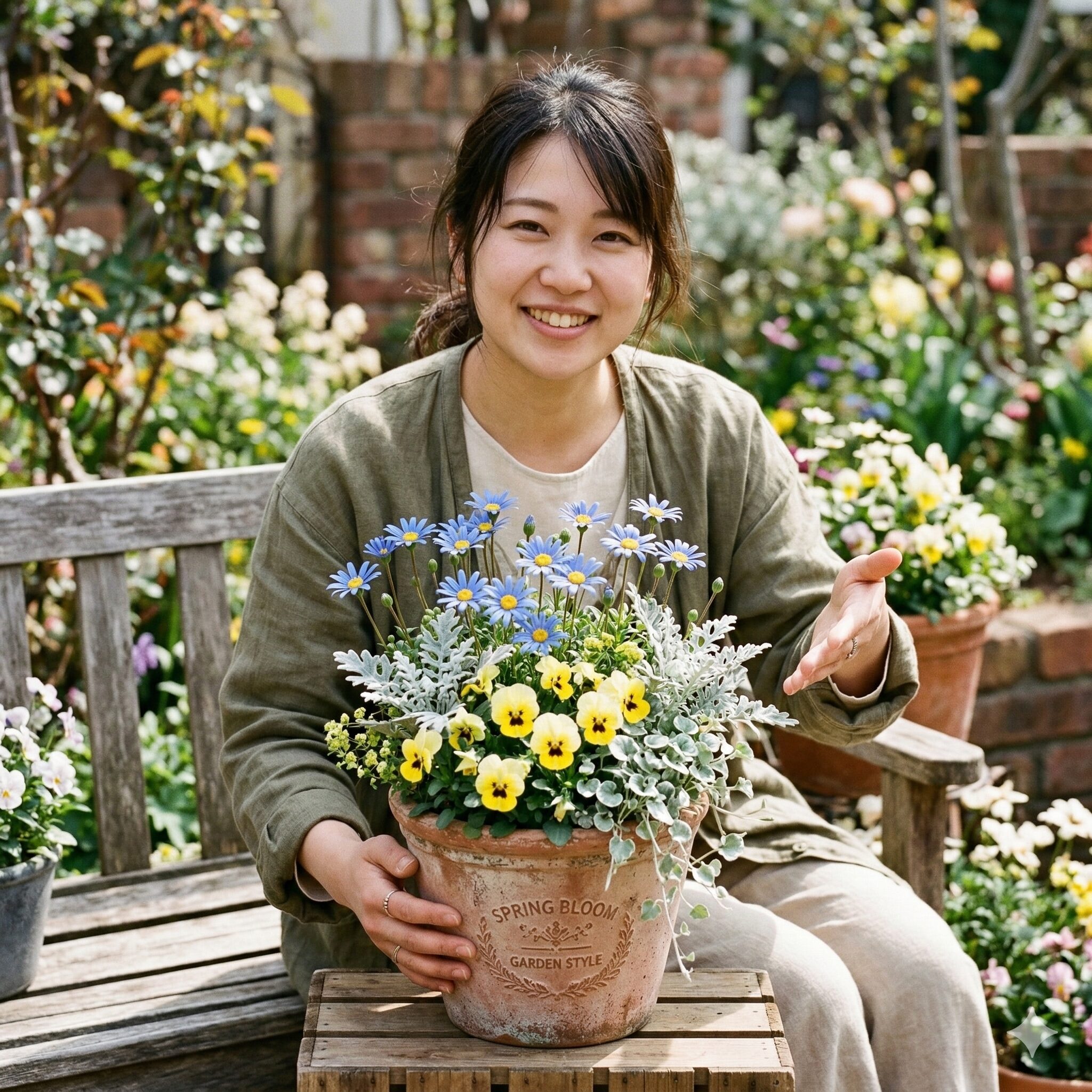 ブルー デージー 花 言葉 怖い9　ブルーデージーとビオラを組み合わせた補色対比が美しい寄せ植え例