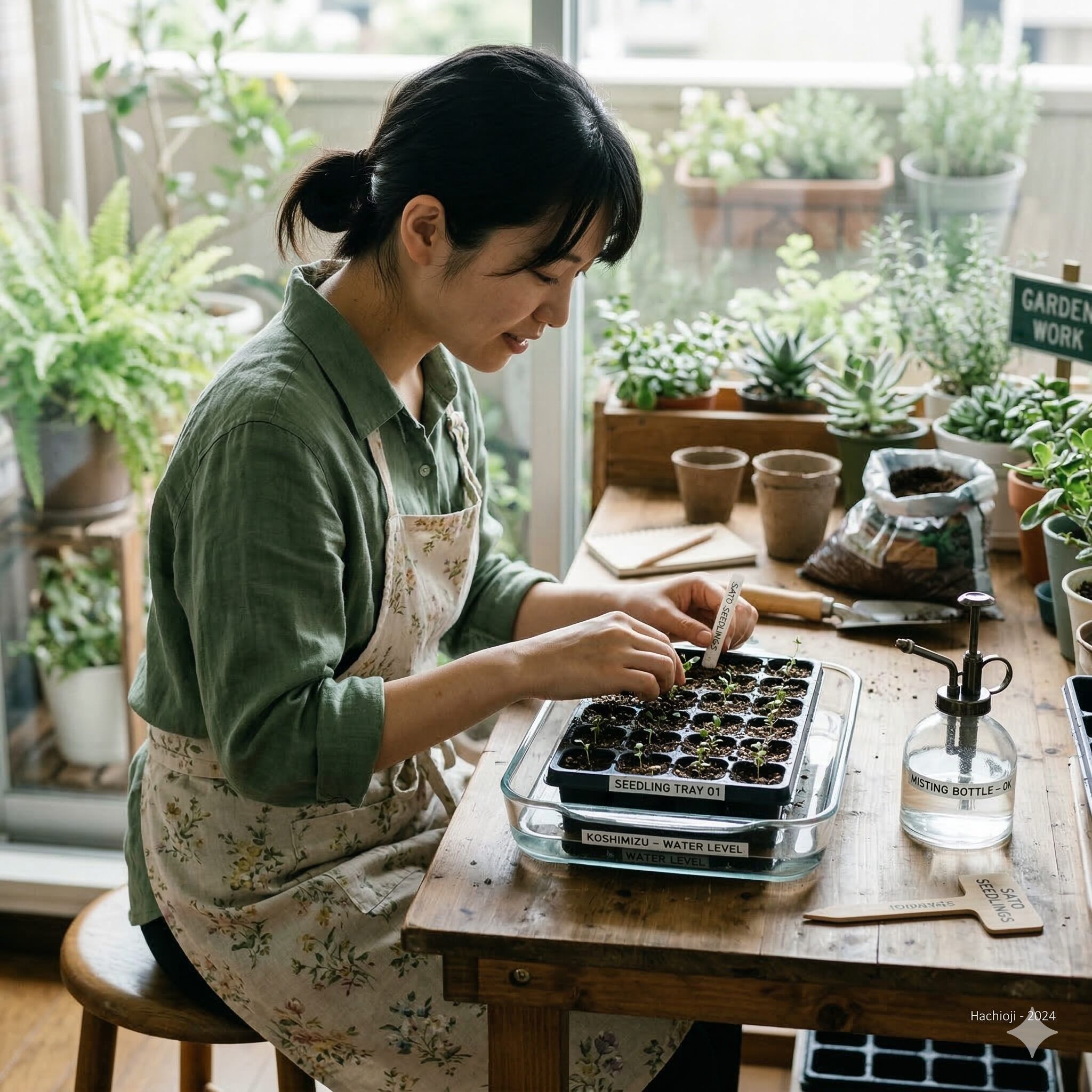 プリムラ オブコニカ 増やし方3　種が流れないよう底面から水分を吸わせる腰水と霧吹きによる丁寧な水管理