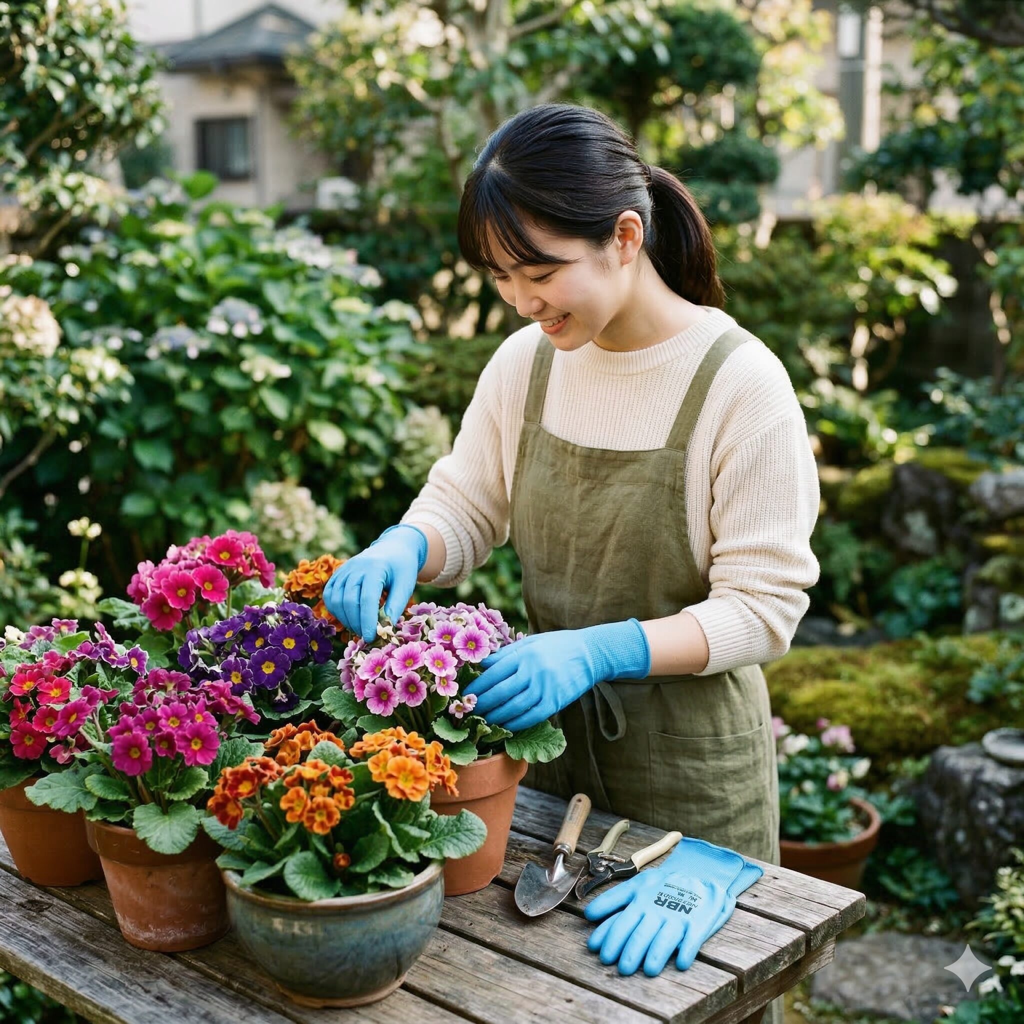 プリムラ オブコニカ 増やし方5　プリミンによるかぶれを防ぐためにゴム手袋を着用して行うオブコニカのお手入れ