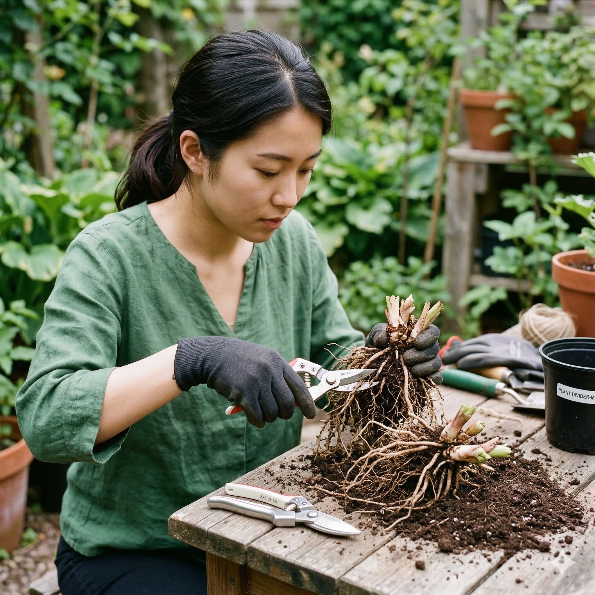 プリムラ オブコニカ 増やし方7　プリムラ・オブコニカの根元にある芽の塊（クラウン）を切り分ける株分けの手順