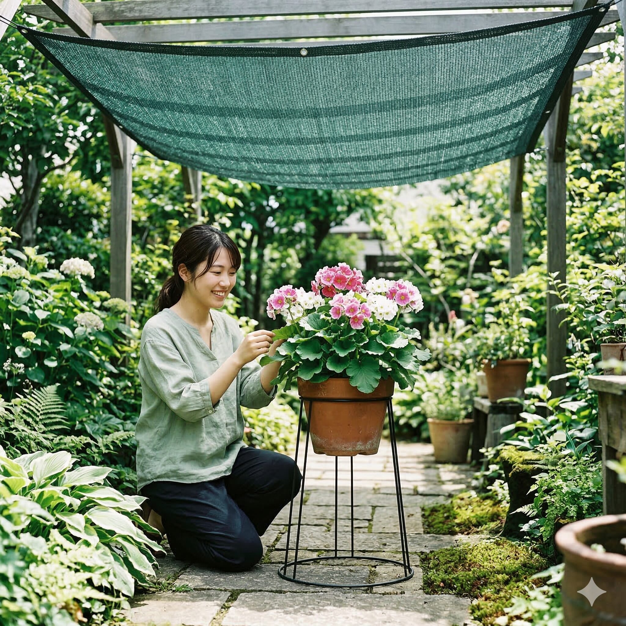 プリムラ オブコニカ 増やし方8　遮光ネットと鉢スタンドを活用して高温多湿な日本の夏を乗り切る夏越しの工夫