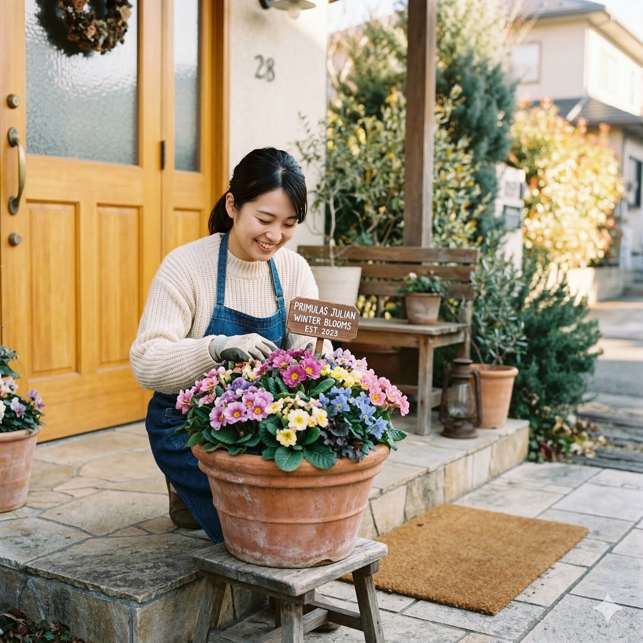 プリムラ ジュリアン 日陰1　冬の玄関を鮮やかに彩る、明るい日陰に置かれたプリムラ・ジュリアンの鉢植え