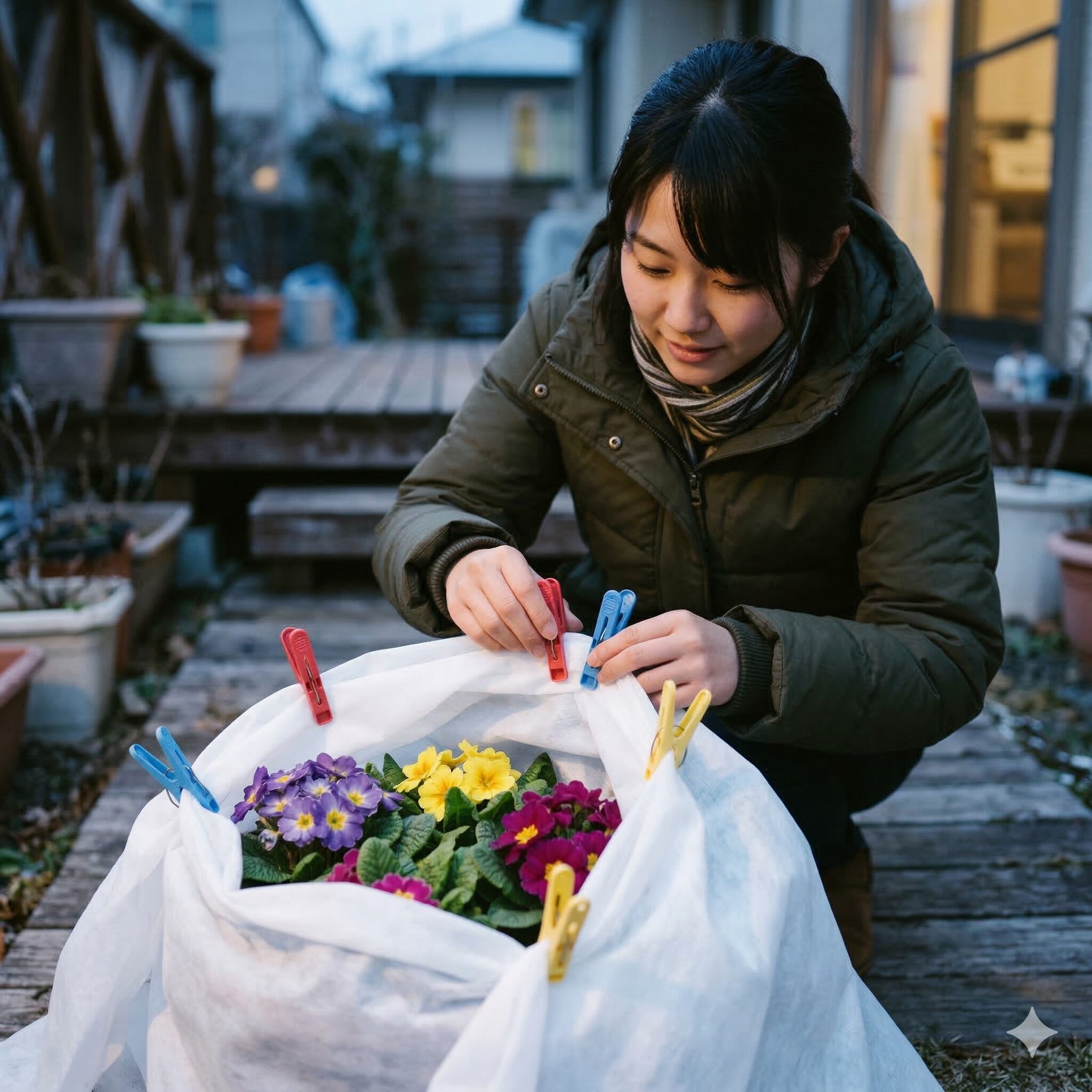 プリムラ ジュリアン 日陰2 冬の寒さや霜からプリムラ・ジュリアンを保護する不織布の被せ方