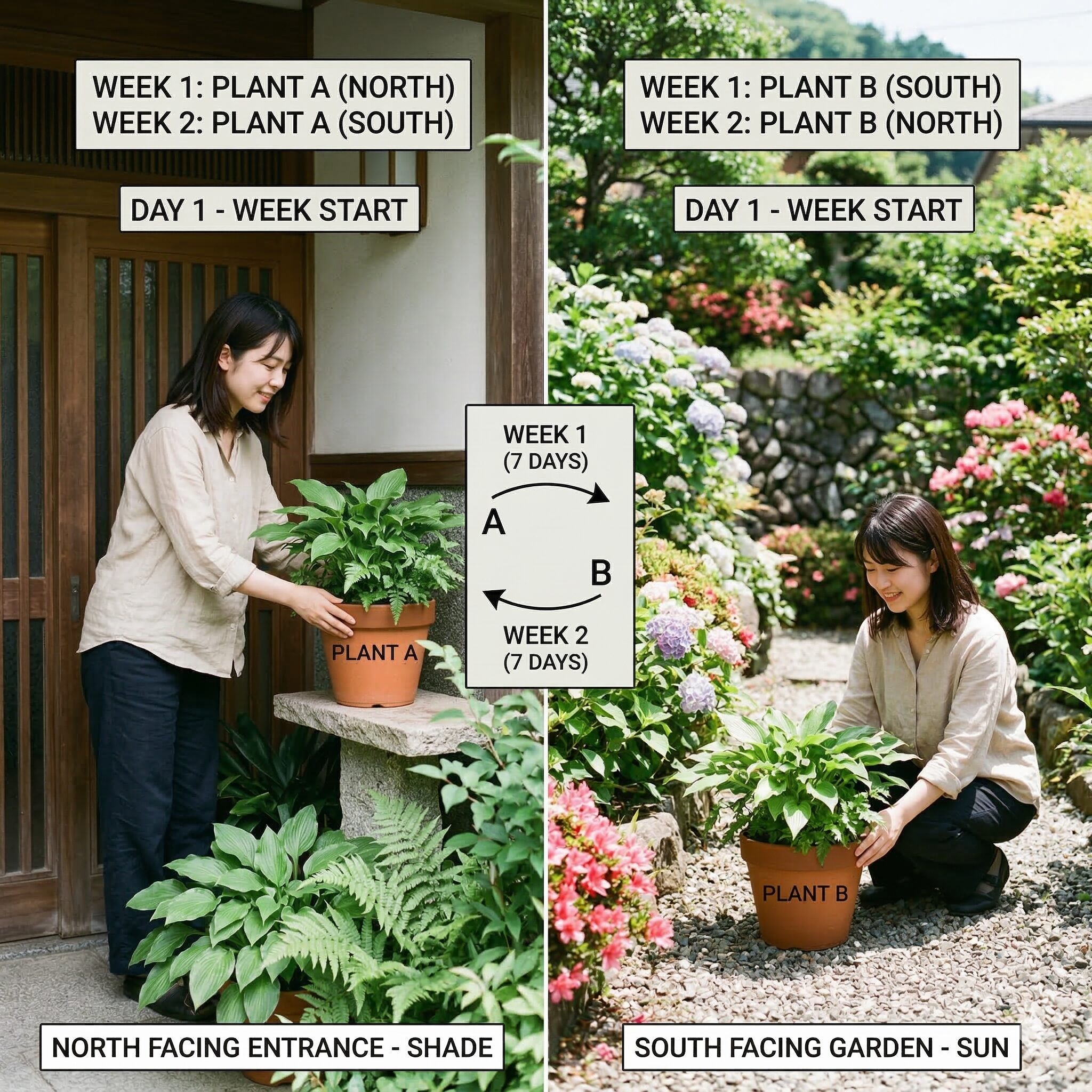 プリムラ ジュリアン 日陰3 プリムラ・ジュリアンの日光不足を解消する「一週間交替法」の配置イメージ