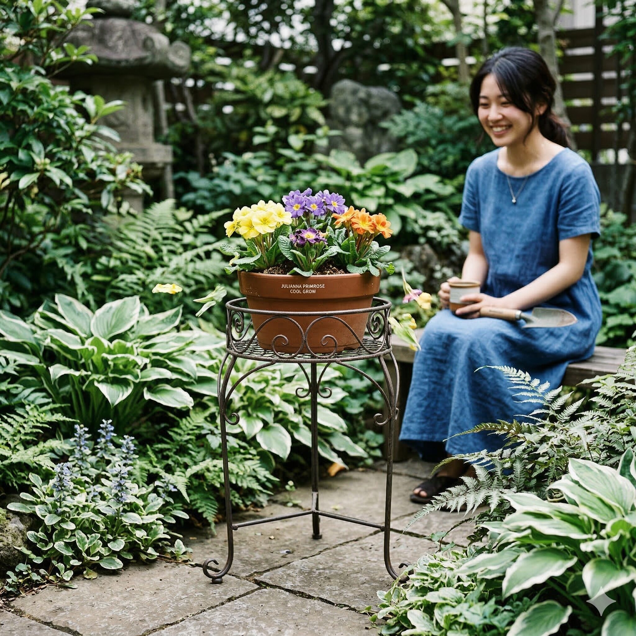 プリムラ ジュリアン 日陰4 夏の地熱対策としてフラワースタンドで底上げされたプリムラ・ジュリアンの鉢