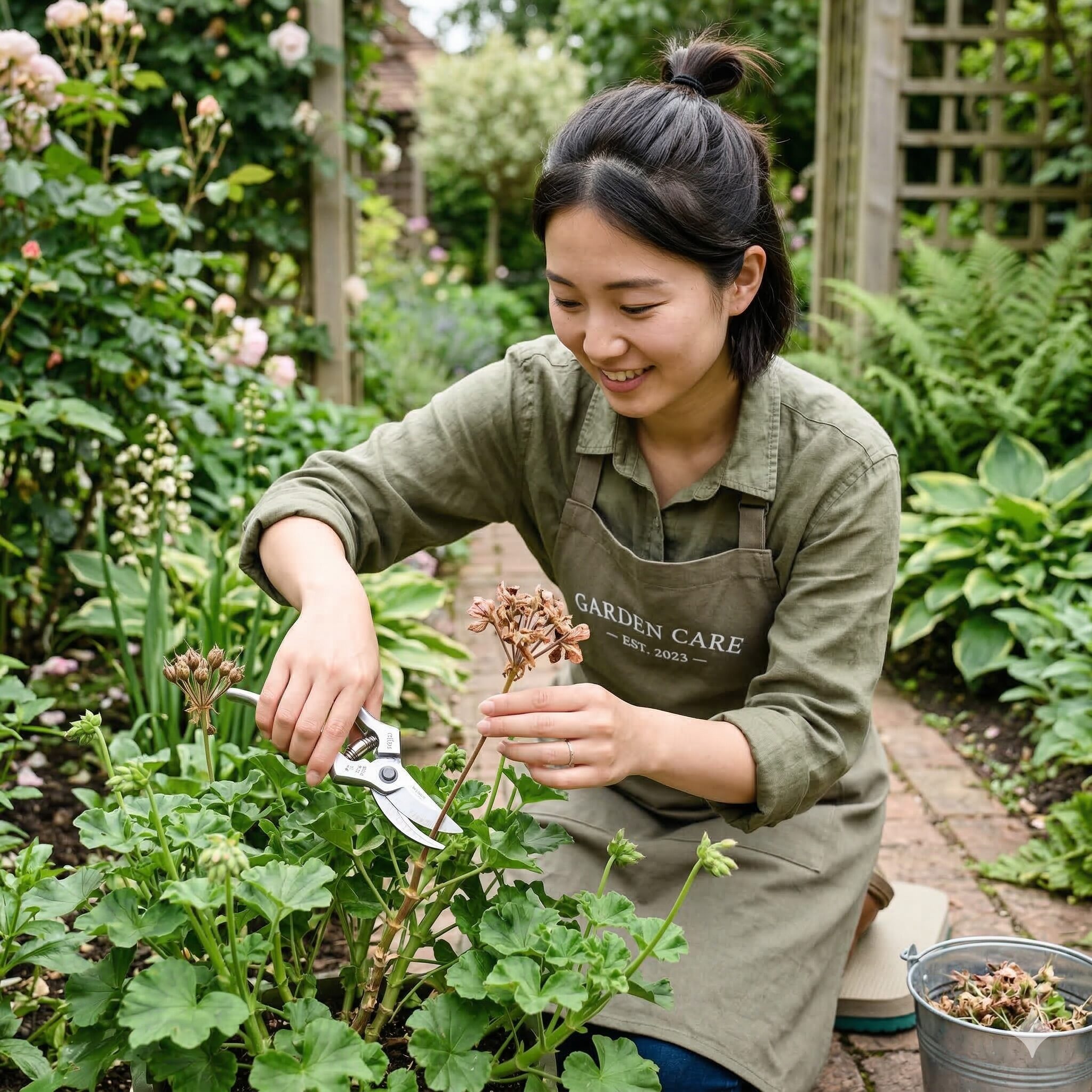 プリムラ ジュリアン 日陰9 灰色かび病を予防するためのプリムラ・ジュリアンの丁寧な花がら摘み作業