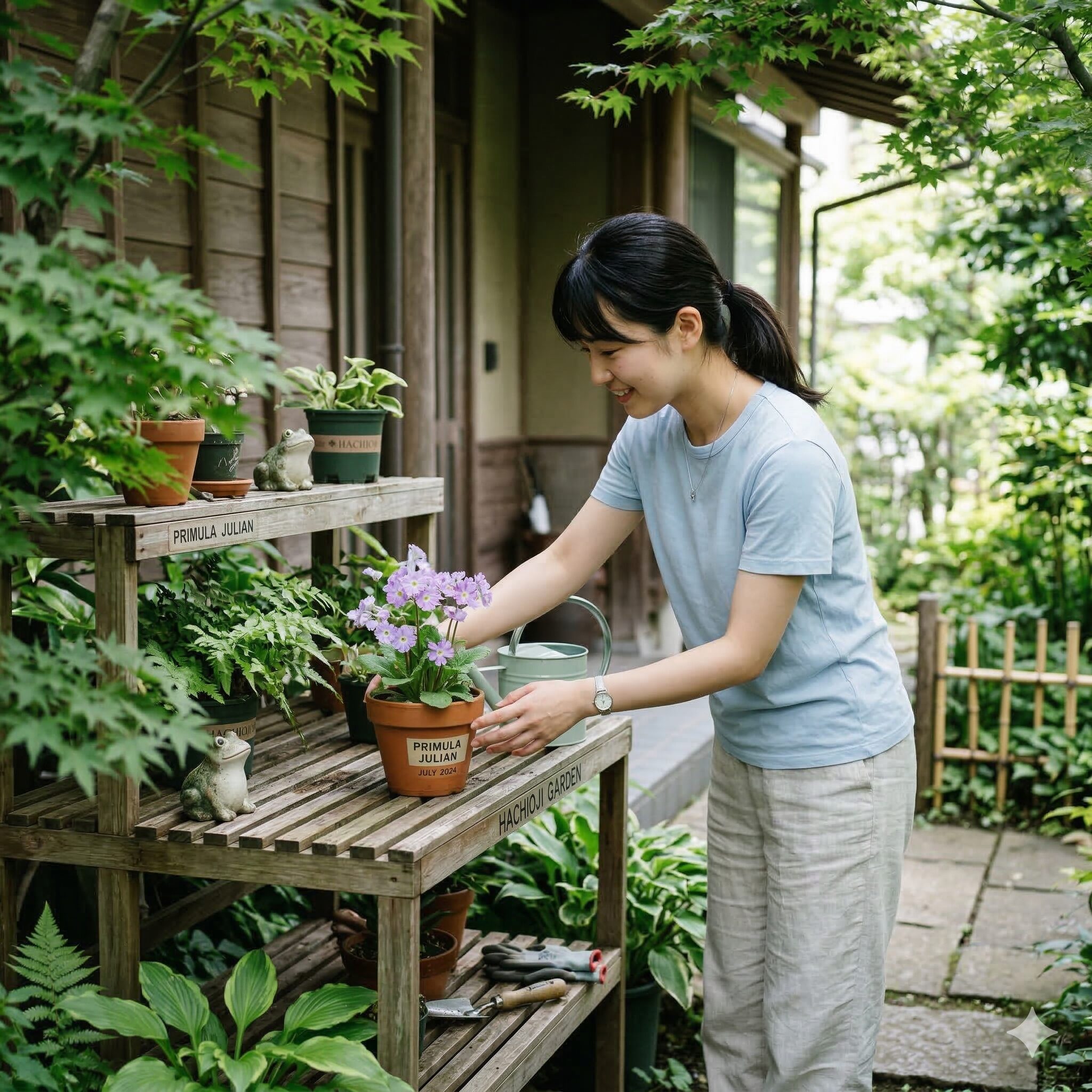 プリムラ ジュリアン 耐寒温度10 日本の高温多湿を避けて北側の日陰で夏越し管理をされているプリムラ・ジュリアン