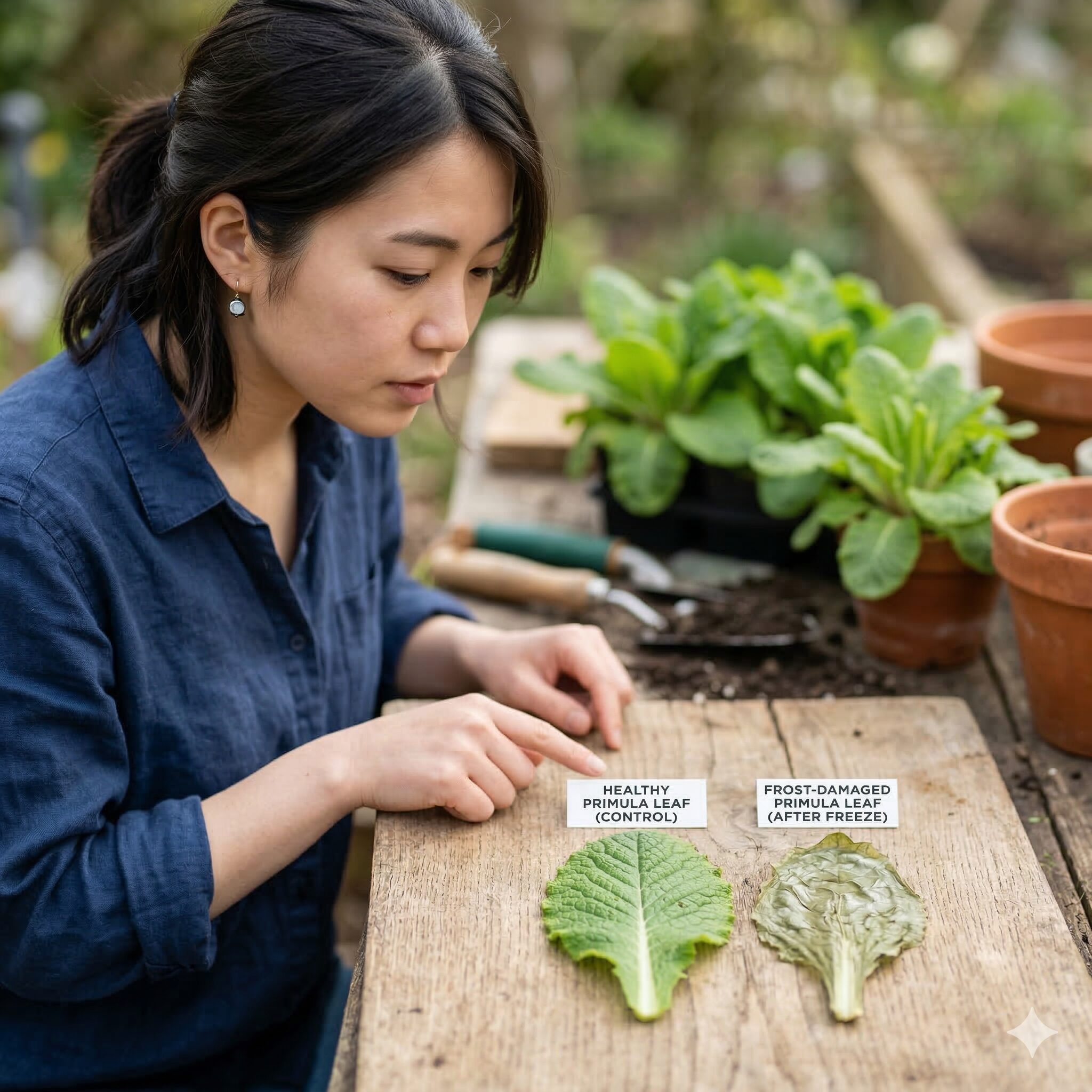 プリムラ ジュリアン 耐寒温度4 氷点下の凍結ダメージで細胞が壊れ萎れてしまったプリムラ・ジュリアンの葉