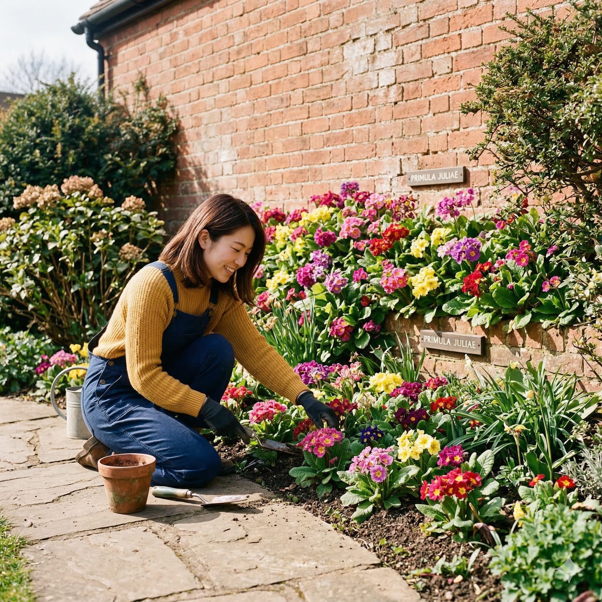 プリムラ ジュリアン 耐寒温度7 暖地で地植え越冬に成功している日当たりの良い南向き壁際のプリムラ花壇