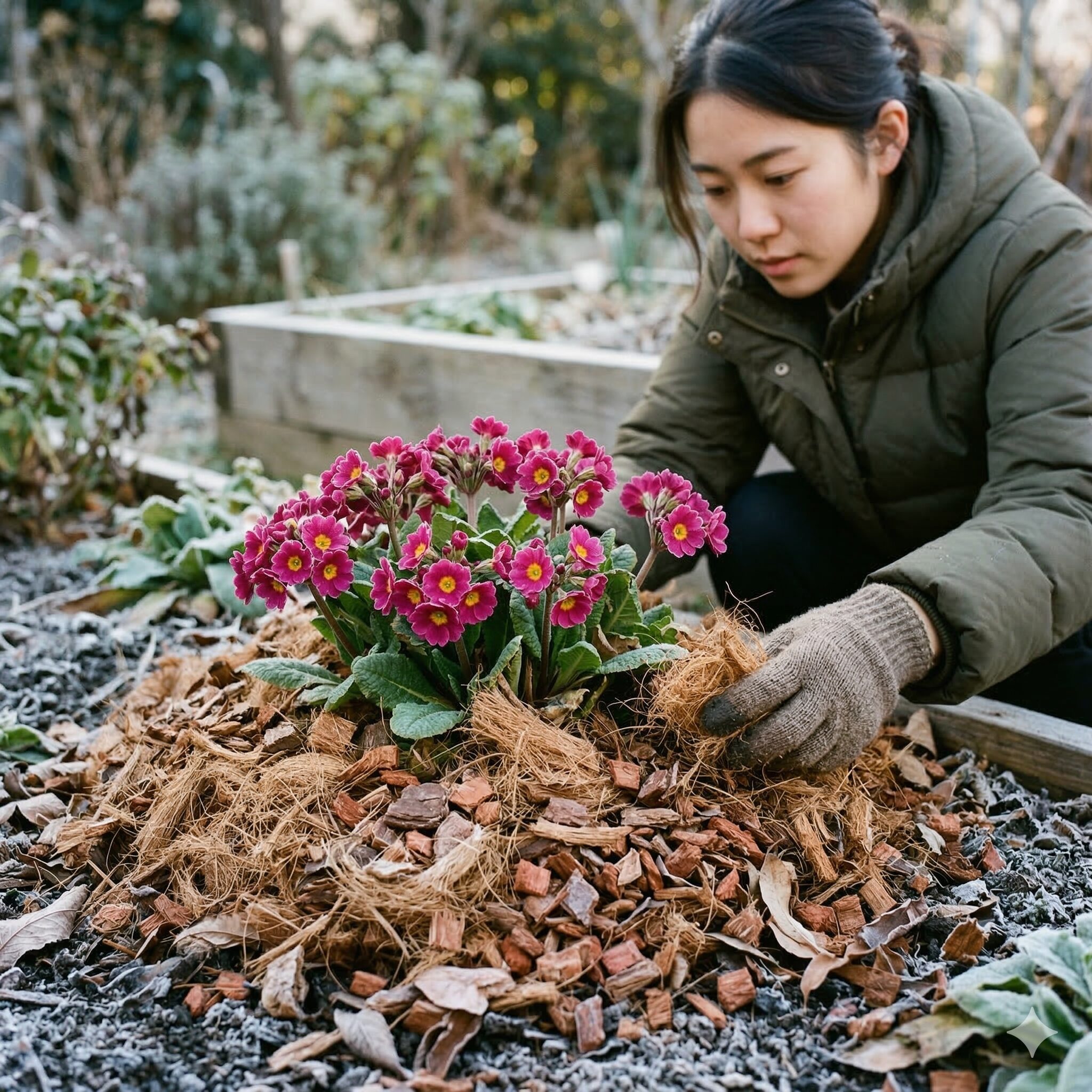 プリムラ ジュリアン 耐寒温度9 根の凍結を防ぐためにプリムラ・ジュリアンの株元に施されたココヤシファイバーのマルチング