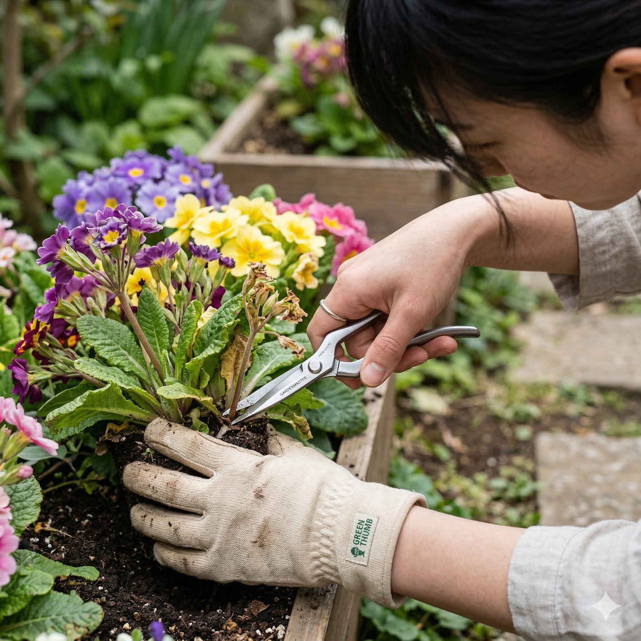 プリムラ ジュリアン 花が終わったら2 プリムラ・ジュリアンの花茎を根元から正しくカットする花がら摘みの様子