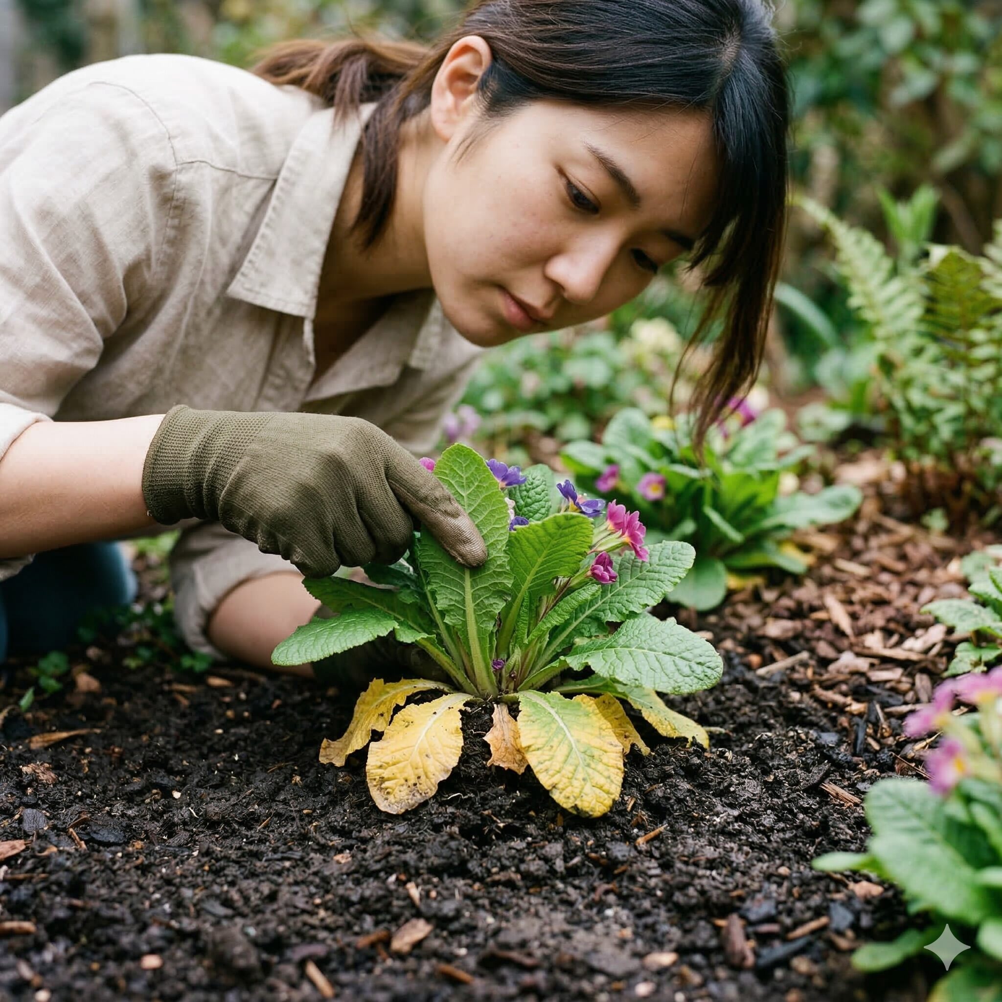 プリムラ ジュリアン 花が終わったら3 通気性を確保するためにプリムラの黄色い下葉を取り除くメンテナンス作業
