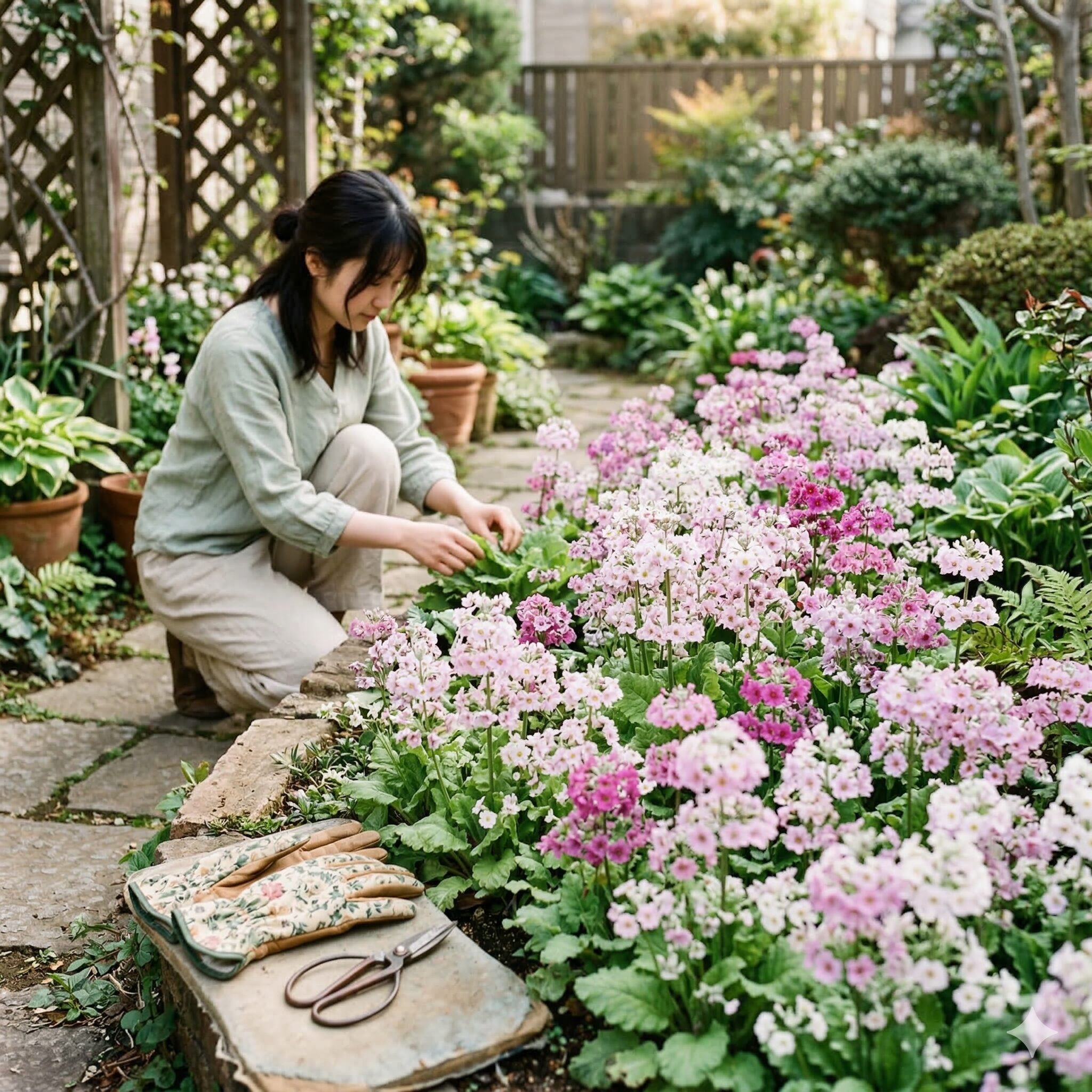 プリムラ マラコイデス 花が終わったら1　春の庭で満開に咲くプリムラ・マラコイデスとガーデニングツールのイメージ