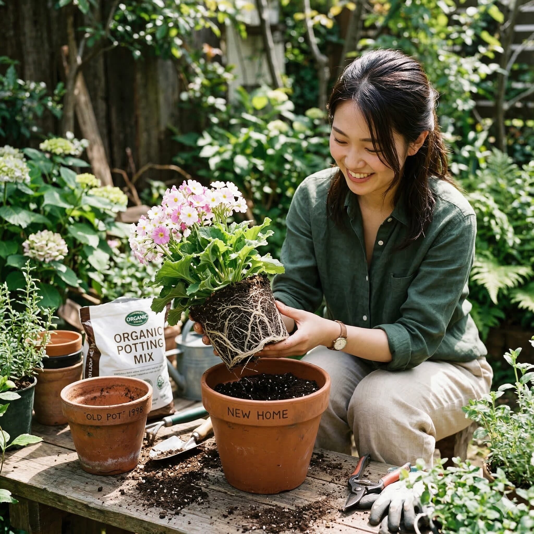 プリムラ マラコイデス 花が終わったら10 根詰まりを解消するためにプリムラ・マラコイデスを新しい鉢へ植え替える作業