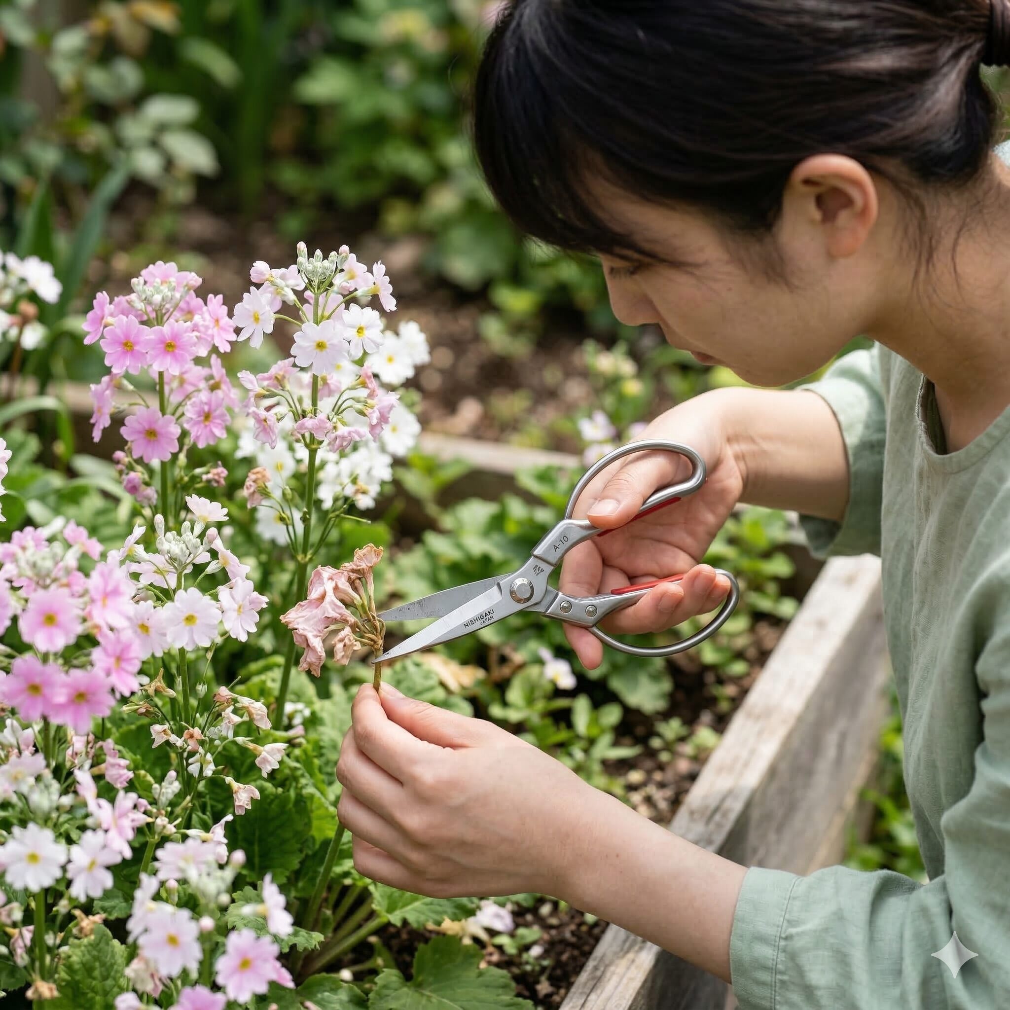 プリムラ マラコイデス 花が終わったら2 プリムラ・マラコイデスの花がらをハサミで丁寧に摘み取る手入れの様子