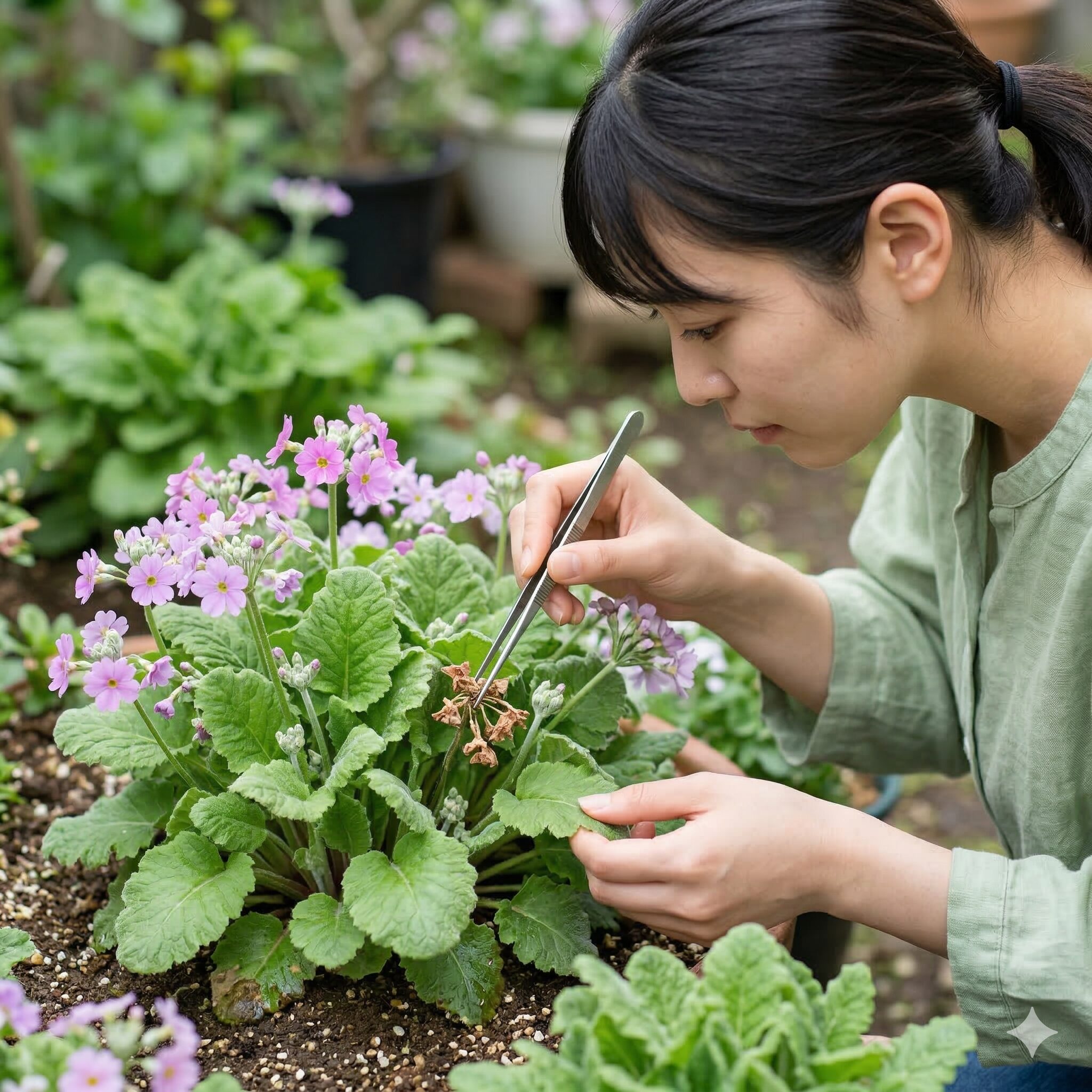 プリムラ マラコイデス 花が終わったら3 灰色かび病を予防するために葉の上の枯れ花を除去する衛生管理