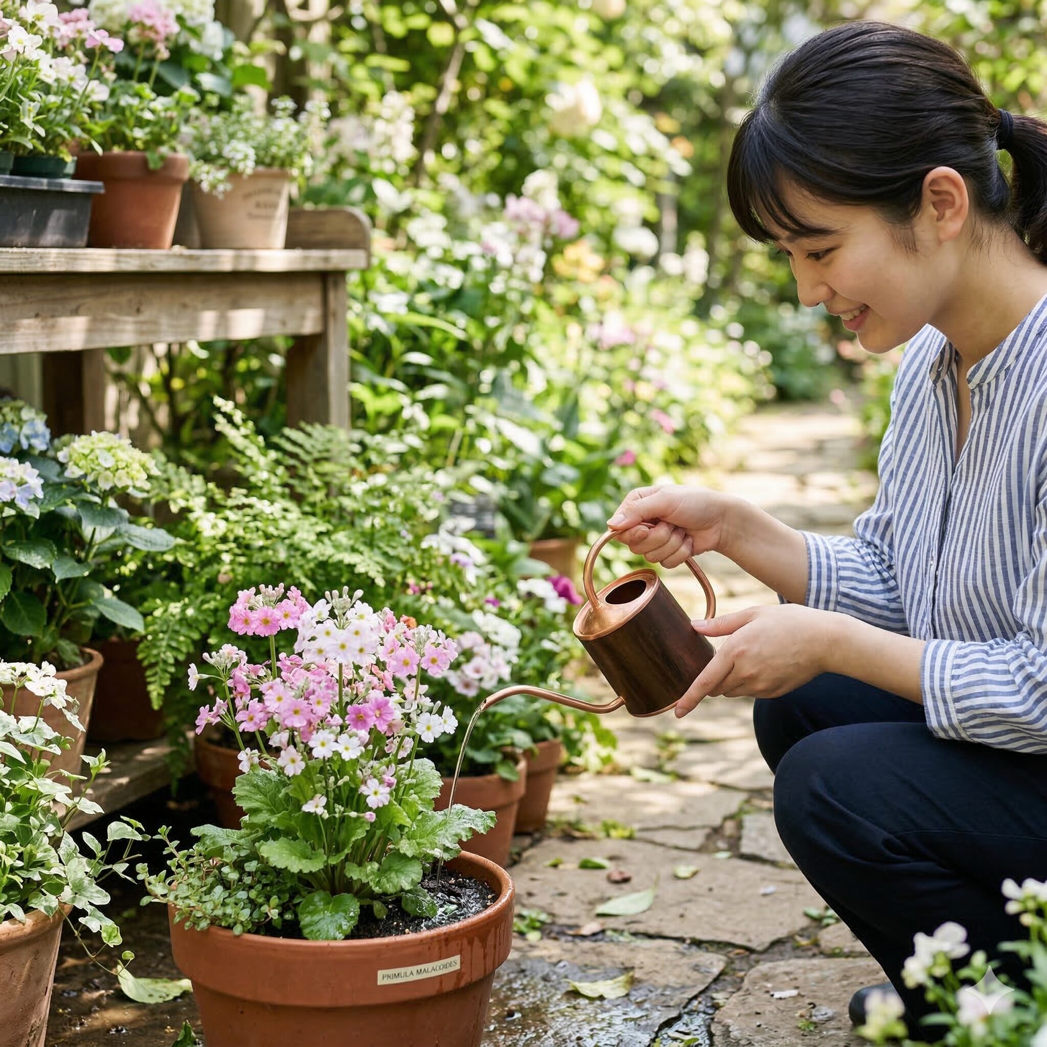プリムラ マラコイデス 花が終わったら4 プリムラ・マラコイデスの花後にお礼肥として液体肥料を株元に与える様子