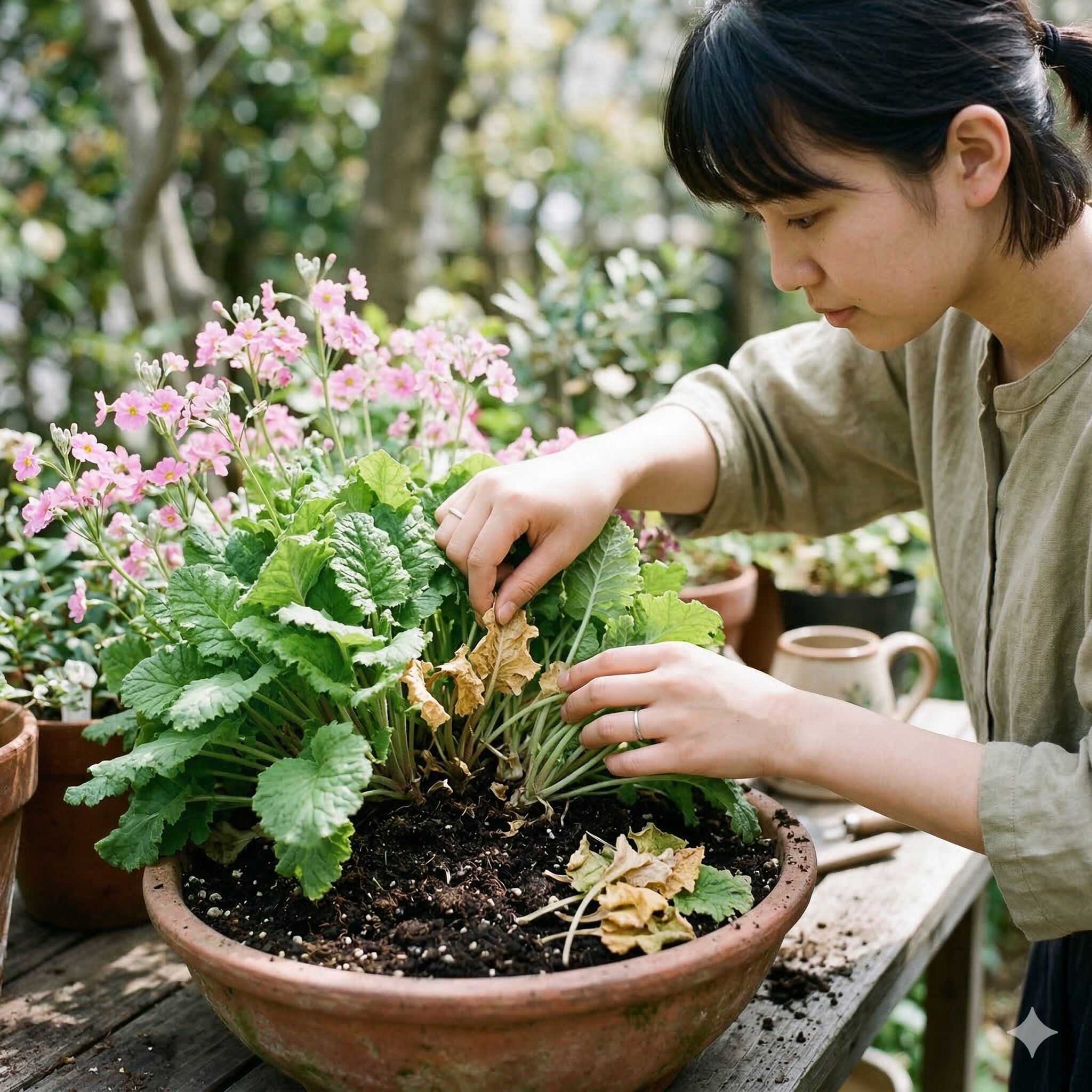 プリムラ マラコイデス 花が終わったら6 蒸れを防ぐためにプリムラ・マラコイデスの株元の枯葉を掃除する手入れ