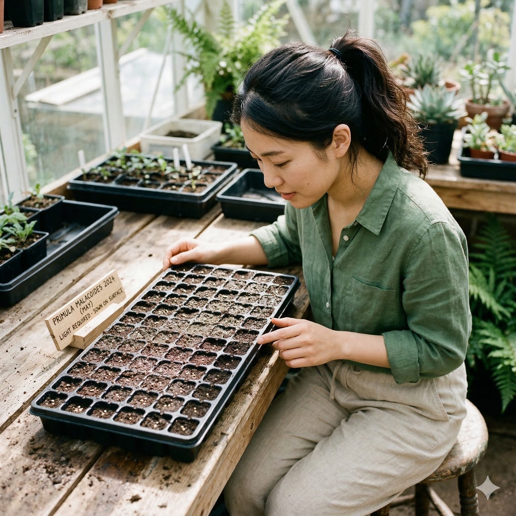 プリムラ マラコイデス 花が終わったら9 土を被せずに光を当てて発芽させる好光性種子の種まきの様子