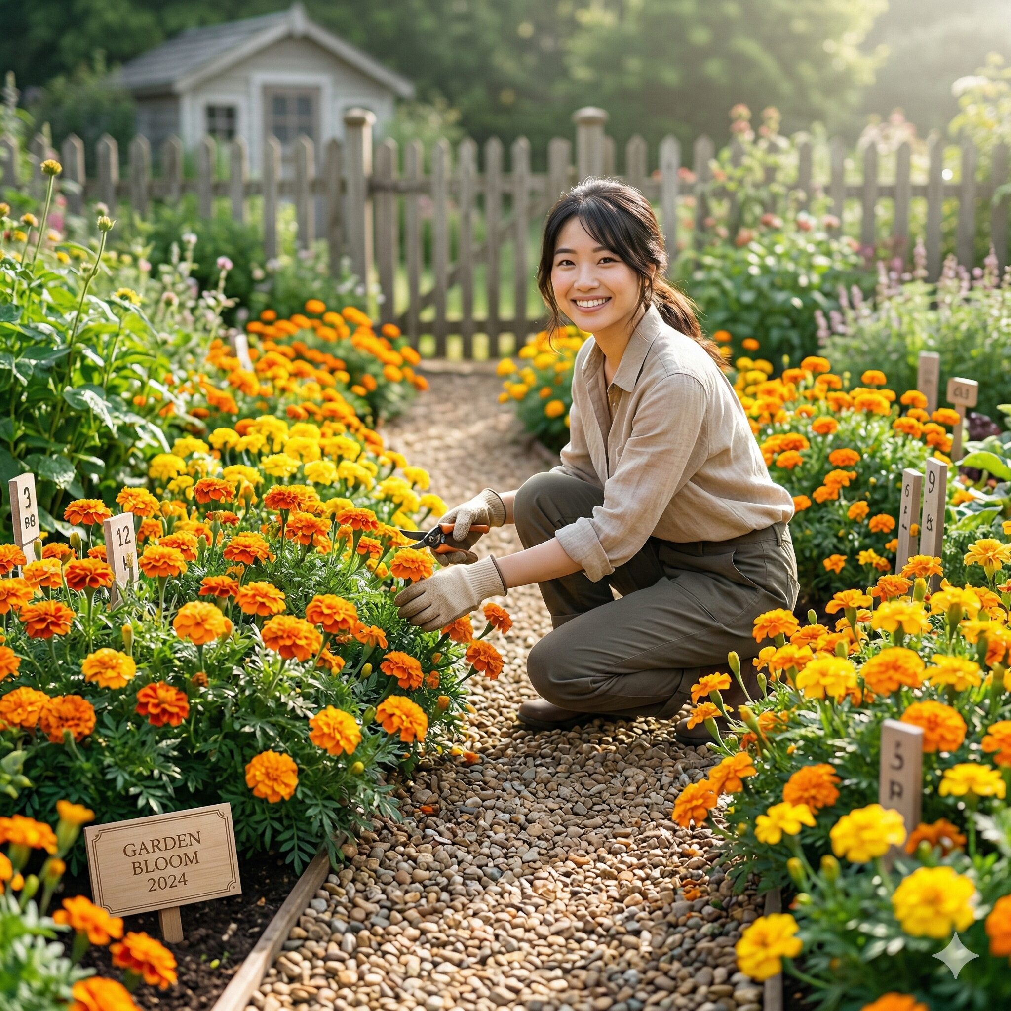 マリーゴールド 成長過程1　庭の小道沿いに鮮やかに咲き誇るオレンジと黄色のマリーゴールドの風景