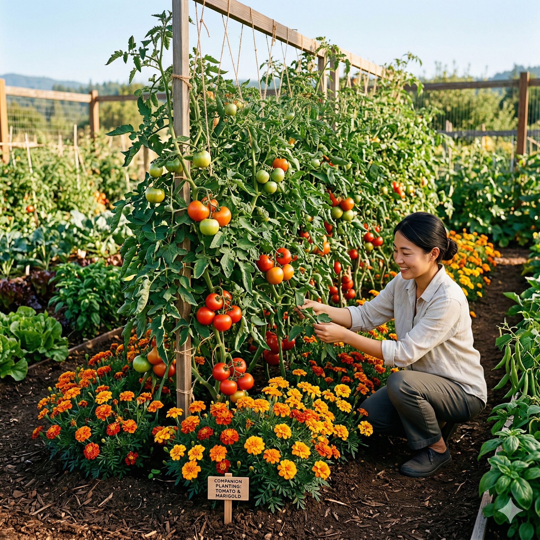 マリーゴールド 成長過程10 野菜の病害虫対策としてトマトと一緒に植えられたマリーゴールド