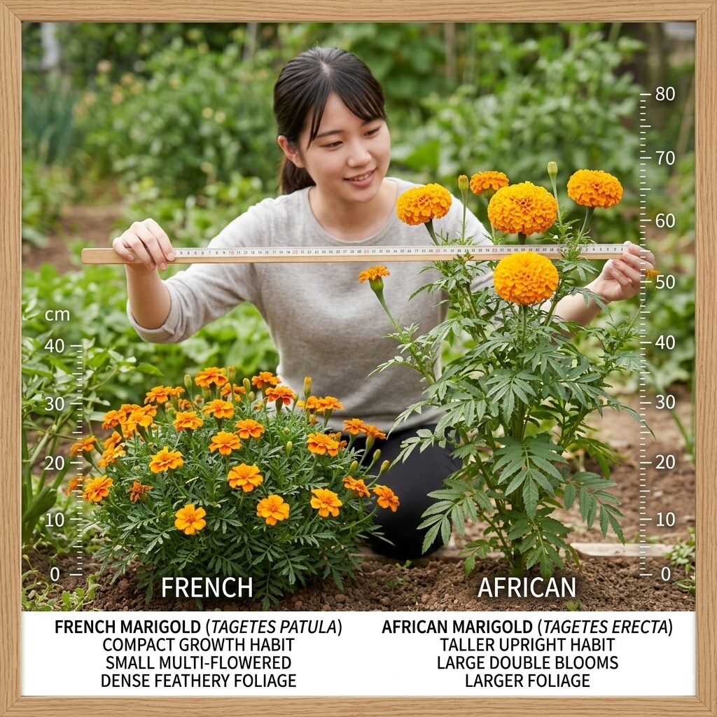 マリーゴールド 成長過程2 フレンチ種とアフリカン種のマリーゴールドの草丈と花の比較写真