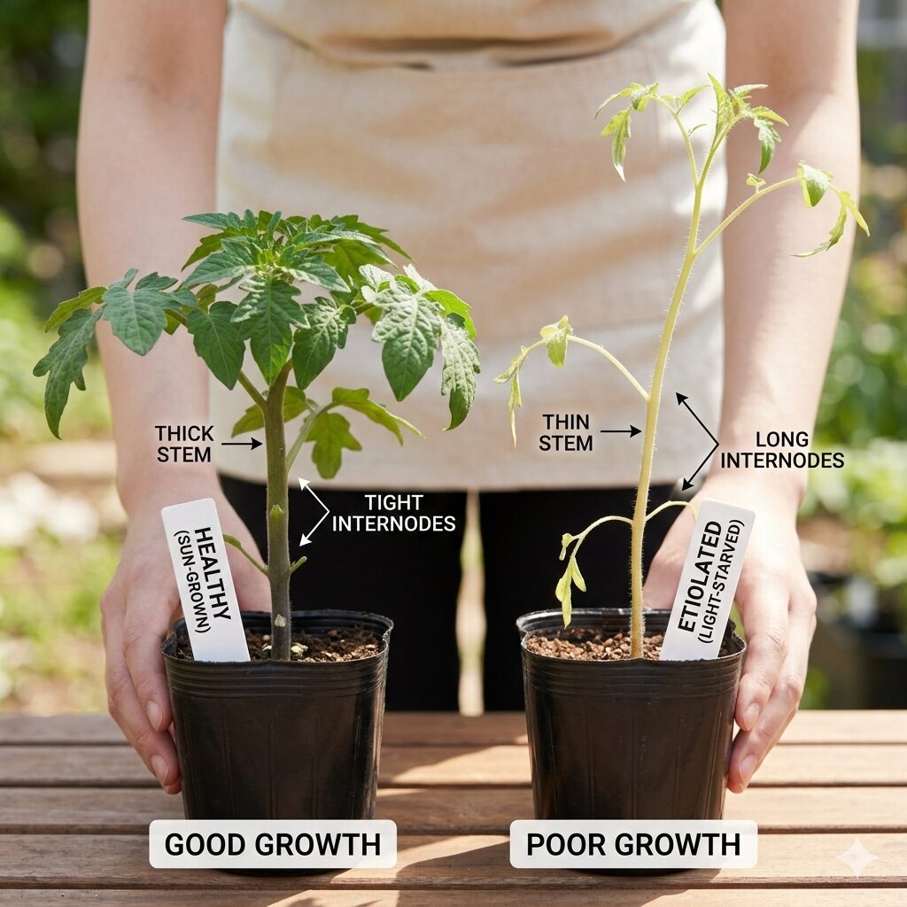 マリーゴールド 成長過程4 日光を十分に浴びて太く育った健康なマリーゴールドの苗と徒長した苗の比較