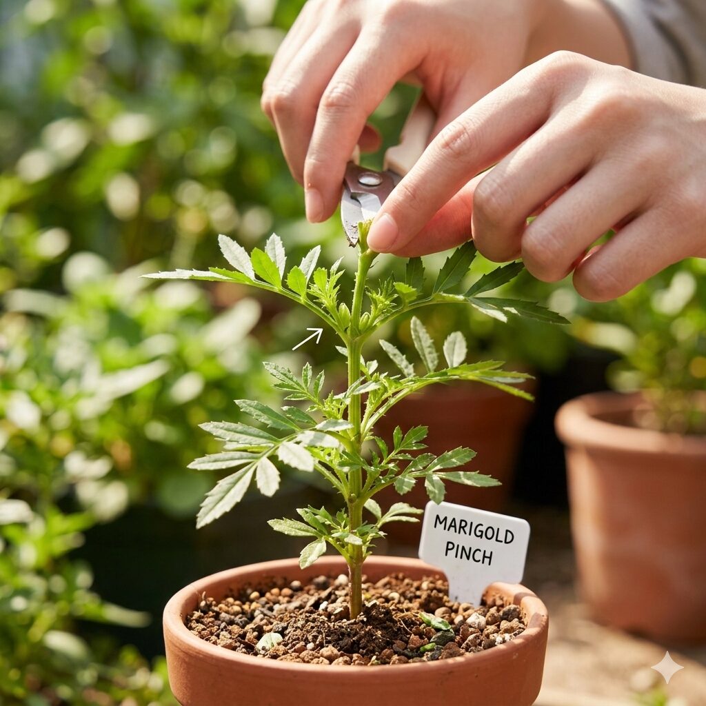 マリーゴールド 成長過程6 花数を増やすためにマリーゴールドの主茎の先端を摘芯する様子