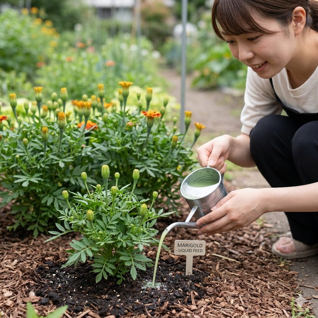 マリーゴールド 成長過程7 つぼみが膨らみ始めたマリーゴールドの株元に液体肥料を与える様子