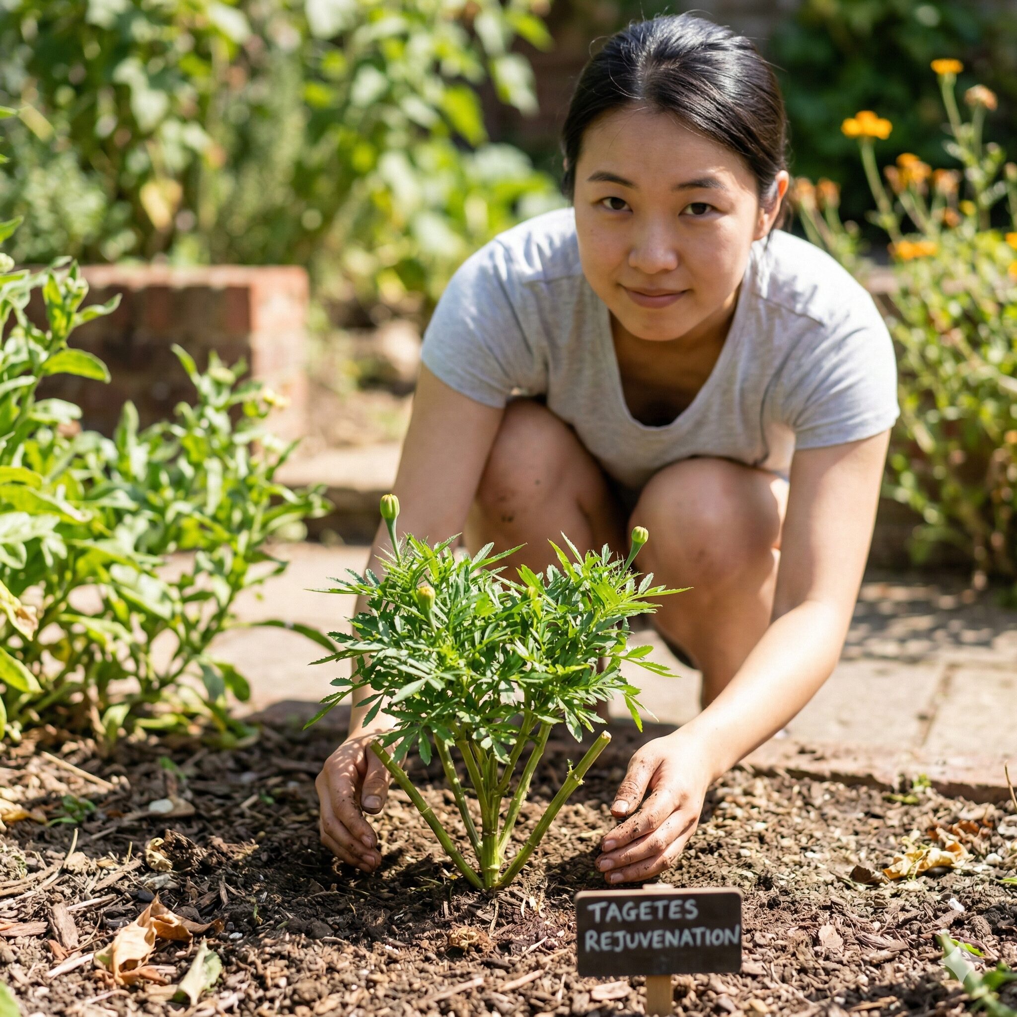 マリーゴールド 成長過程8 夏越しのためにバッサリと切り戻し剪定を施したマリーゴールドの株
