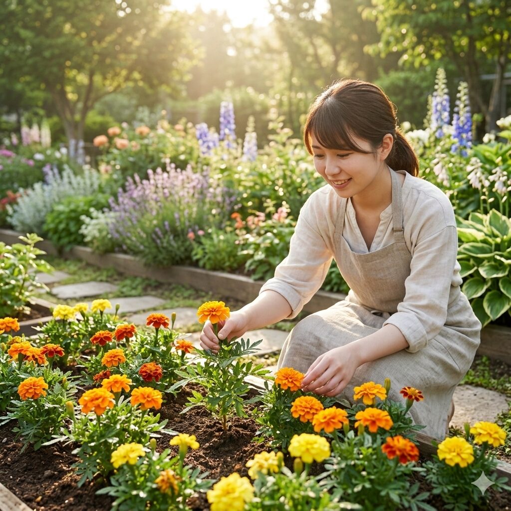 マリーゴールド 枯れた後1　マリーゴールドが咲く庭でお手入れをするMy Garden編集部のスタッフの様子