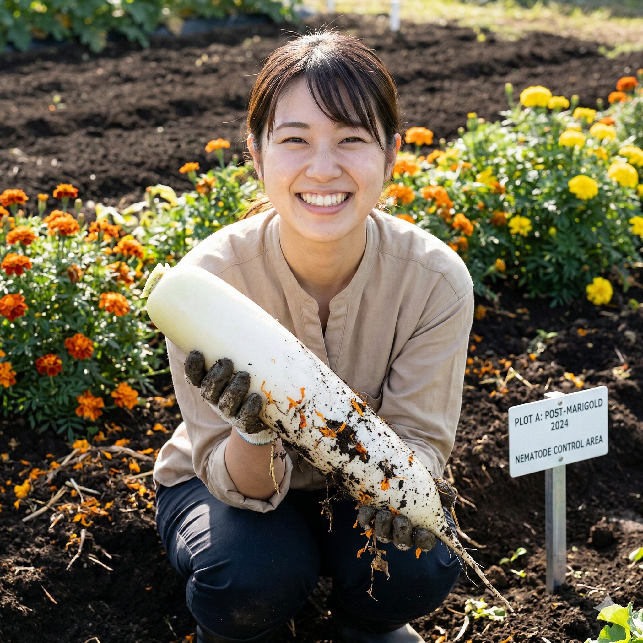 マリーゴールド 枯れた後10　マリーゴールドの後作で育った肌のきれいな大根の収穫風景